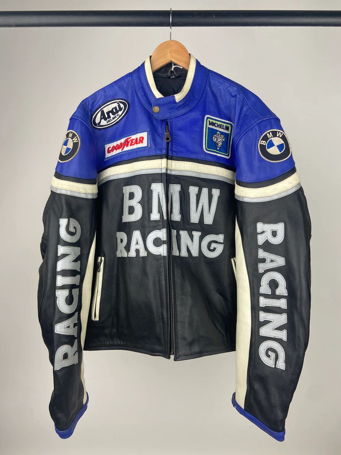 image of Genuine Leather x Vintage Bmw Racing 90's Leather Motorbike Jacket in Black Blue, Men's (Size 2XL)