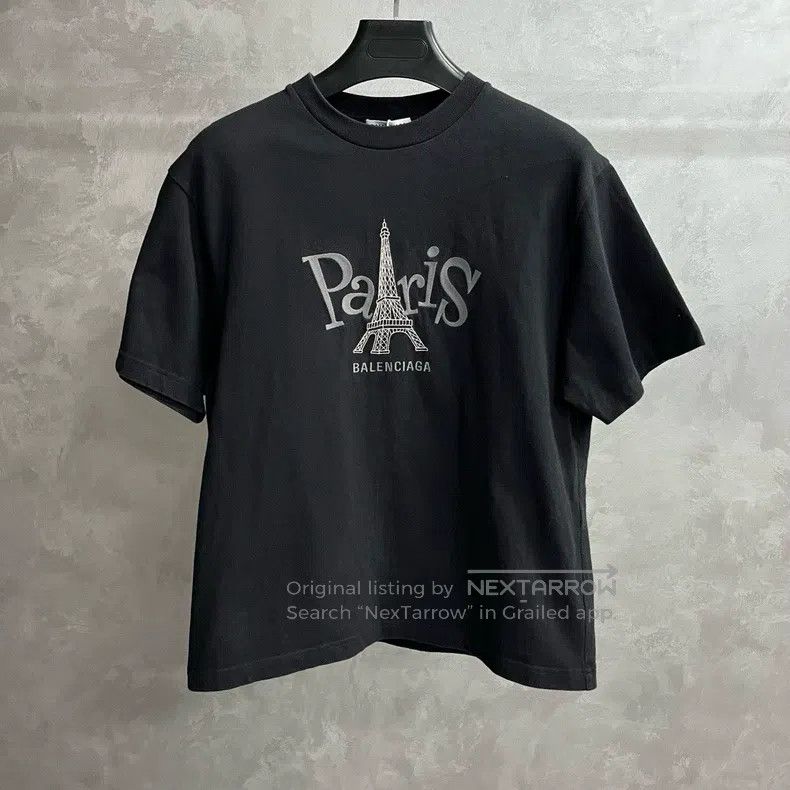 Balenciaga Black Paris Printed Round Neck Short Sleeve T-S