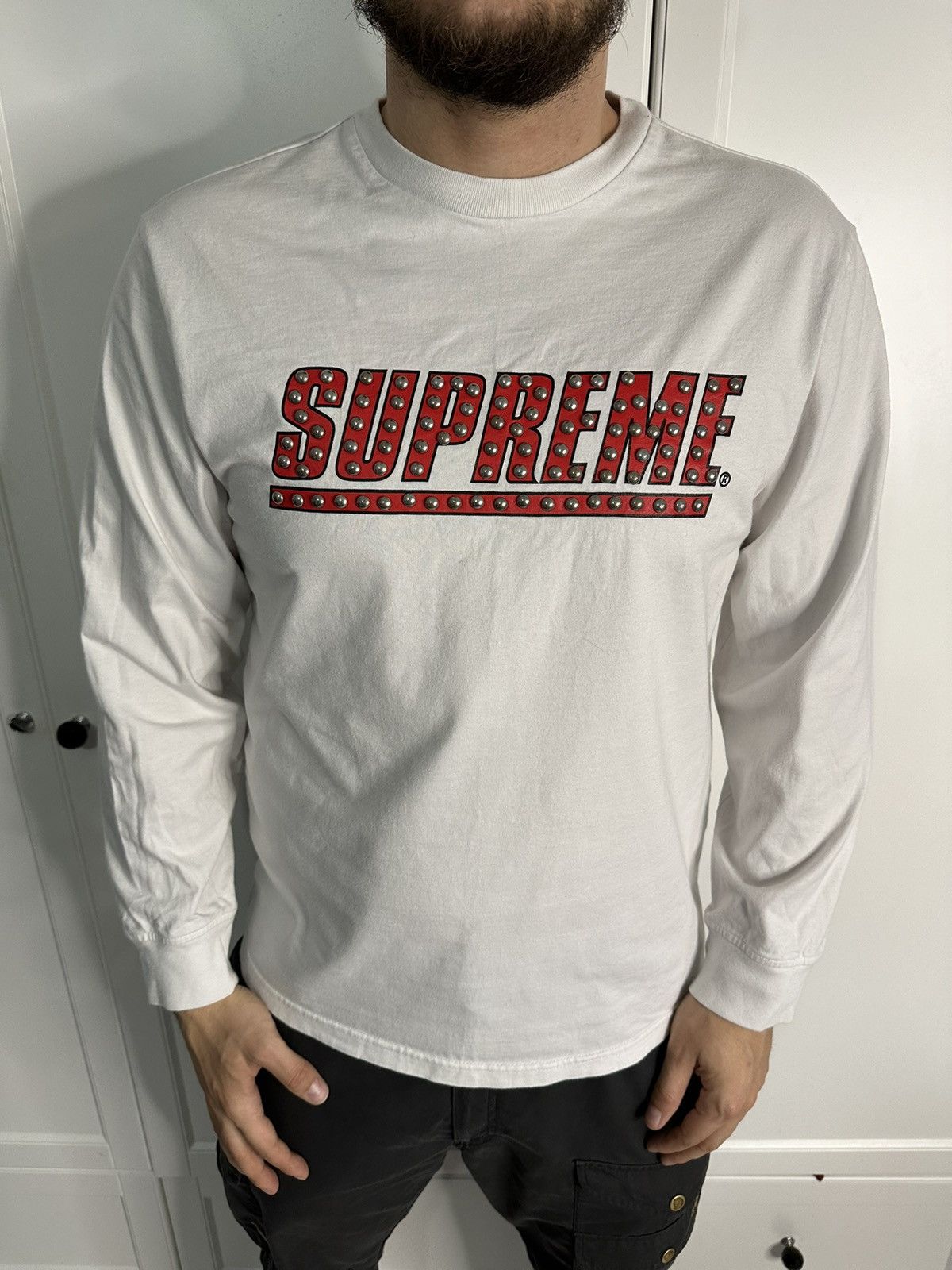 image of Supreme Studded White Logo Long Sleeve Tee Shirt Size Small, Men's