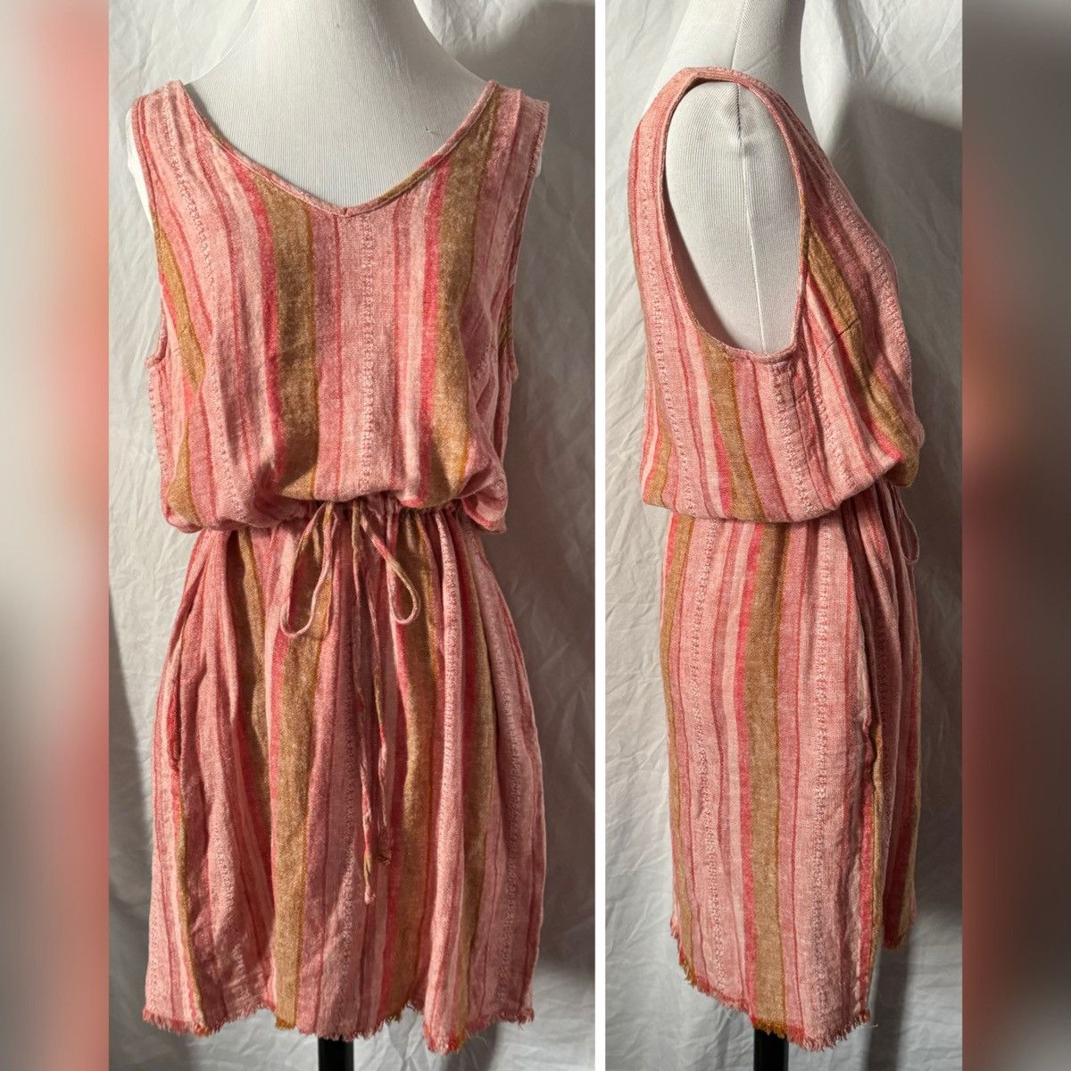 Anthropologie × Drew DREW Red Nat Dobby, Striped, Drawstring Linen Dress Size L / US 10 / IT 46 - 5 Thumbnail