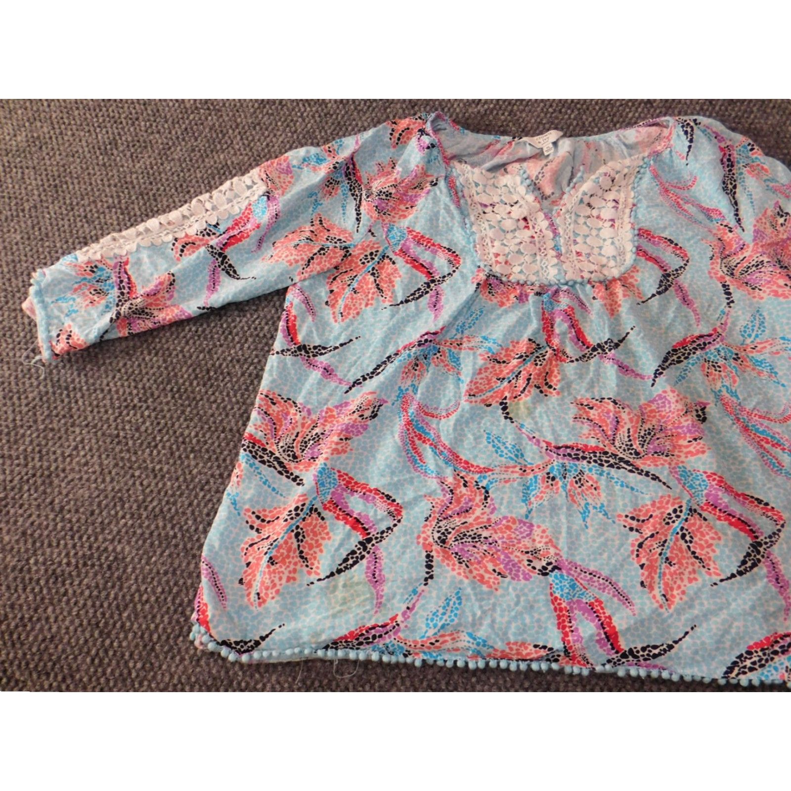 Vintage Crown & Ivy Blouse Womens PL Petites Blue Floral Knit Rayon Crew Neck Pullover Long Sleeve Button Basic Designer Vintage: No Size L / US 10 / IT 46 - 3 Thumbnail