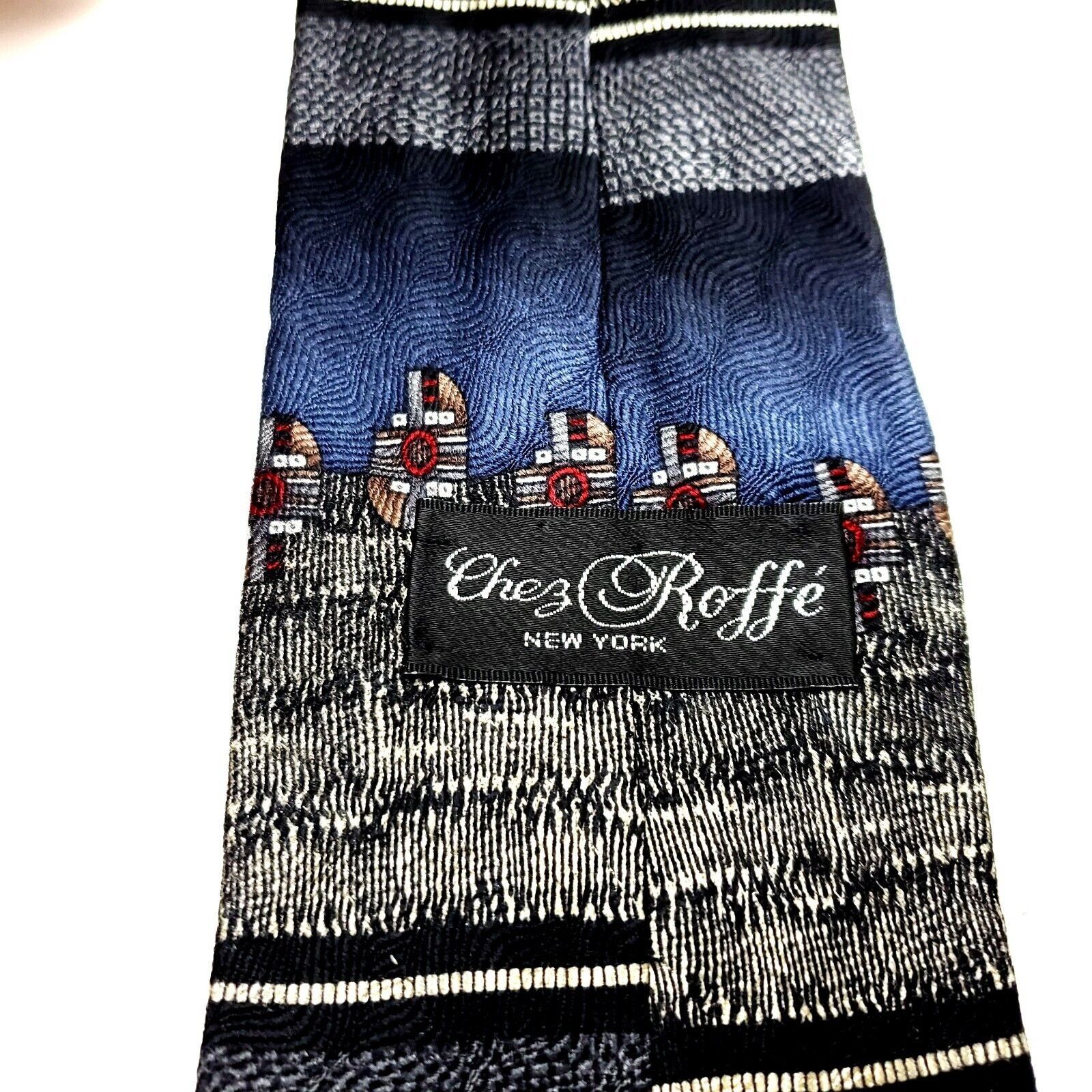 Designer Chez Roffe Silk Tie Print Gray Blue Wide Size ONE SIZE - 3 Thumbnail