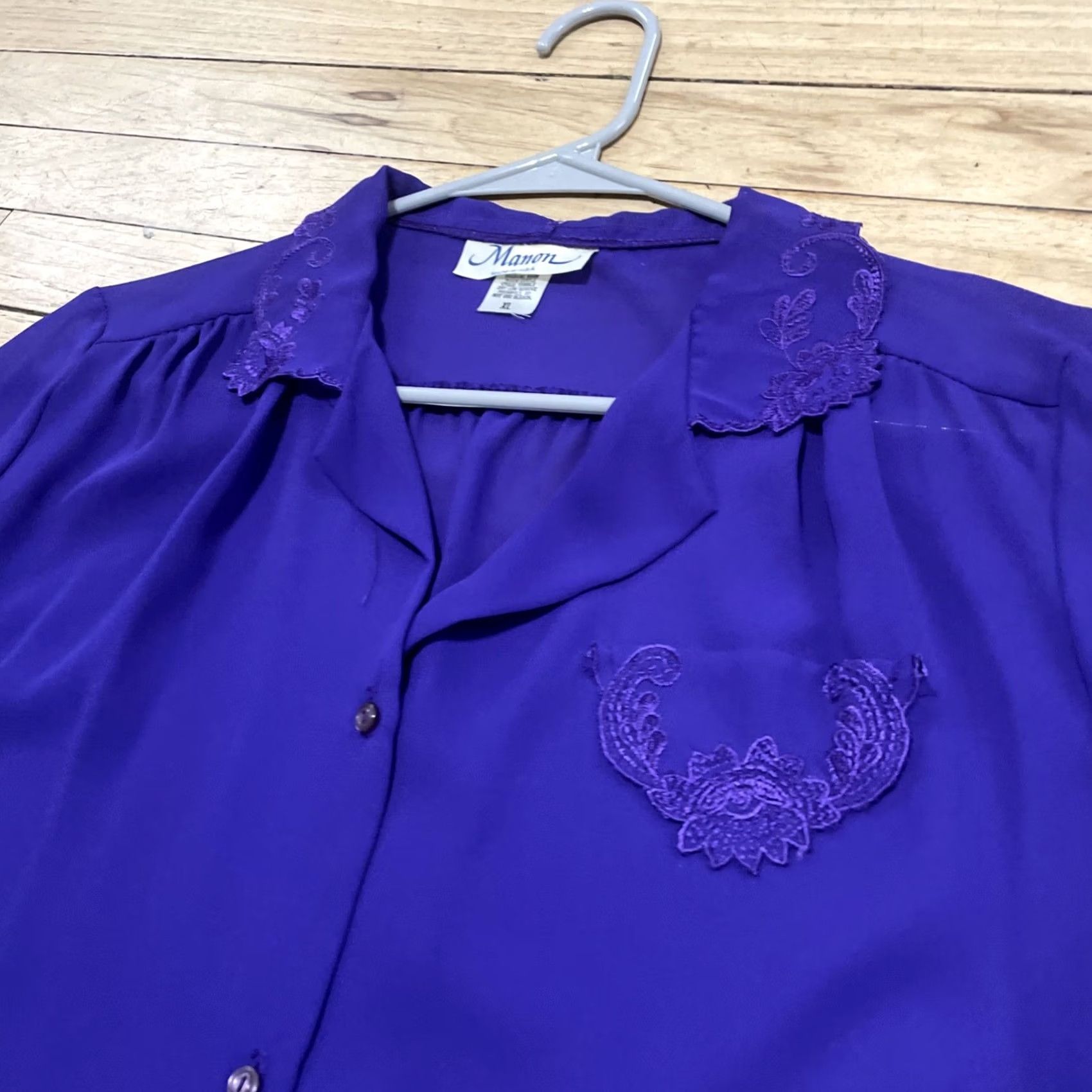 Vintage VINTAGE Manon Made USA Blouse Chiffon Top Women XL Purple Royal Purple Sheer Lace Button Up 1970s USA 70s Womens Size XL / US 12-14 / IT 48-50 - 4 Thumbnail