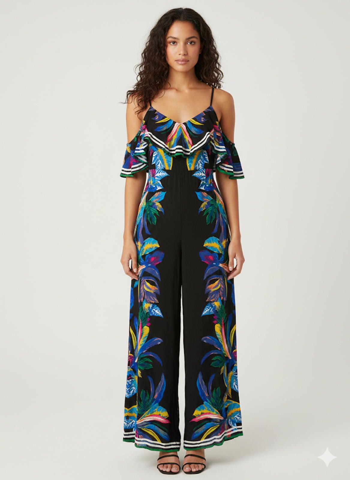Other Flying Tomato Black Floral Print Cold Shoulder Jumpsuit S Size 28" / US 6 / IT 42 - 1 Thumbnail