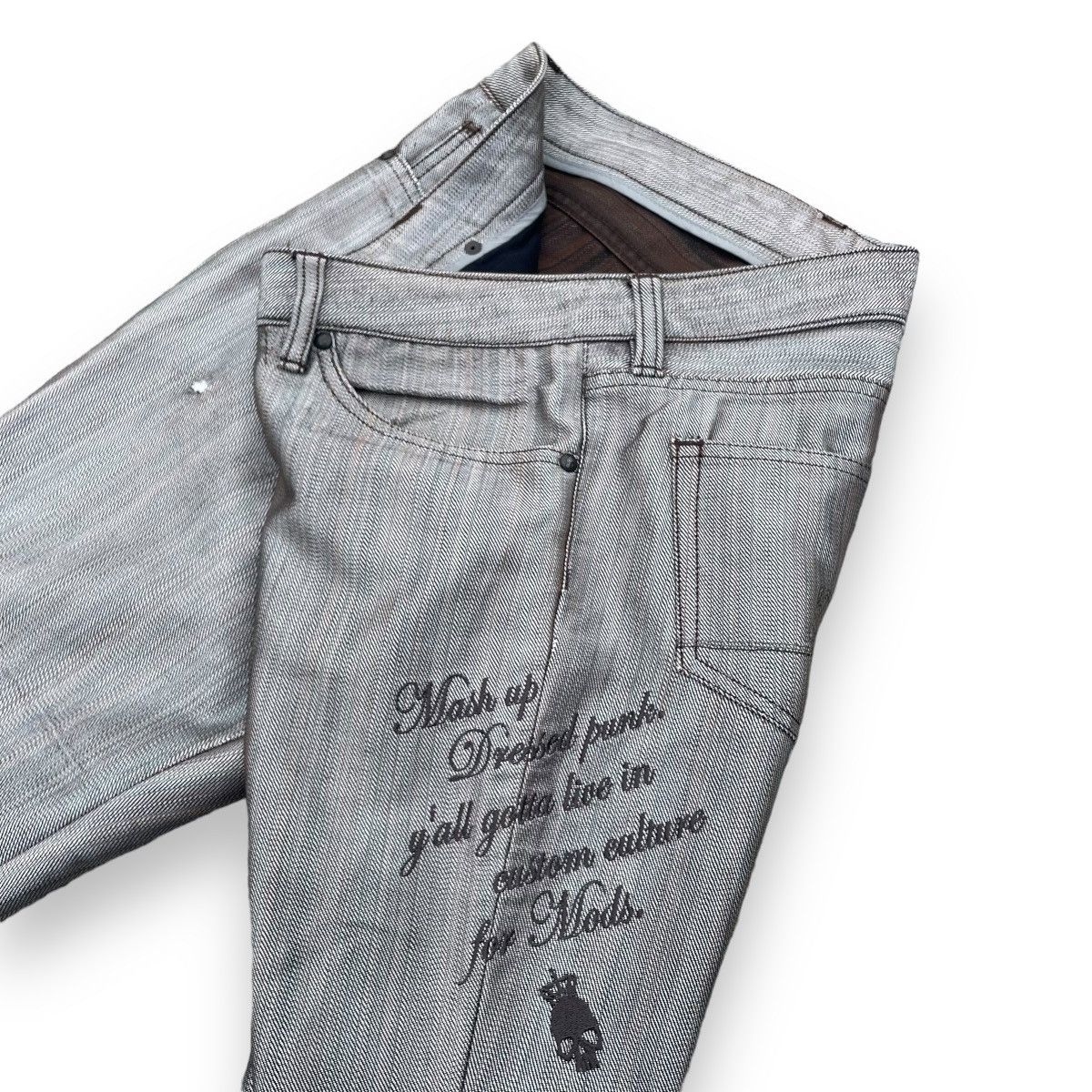 If Six Was Nine × Japanese Brand × Le Grande Bleu (L.G.B.) CUSTOM CULTURE EMBROIDERED PUNK WORDING FLARE DENIM PANTS Size US 31 - 8 Thumbnail