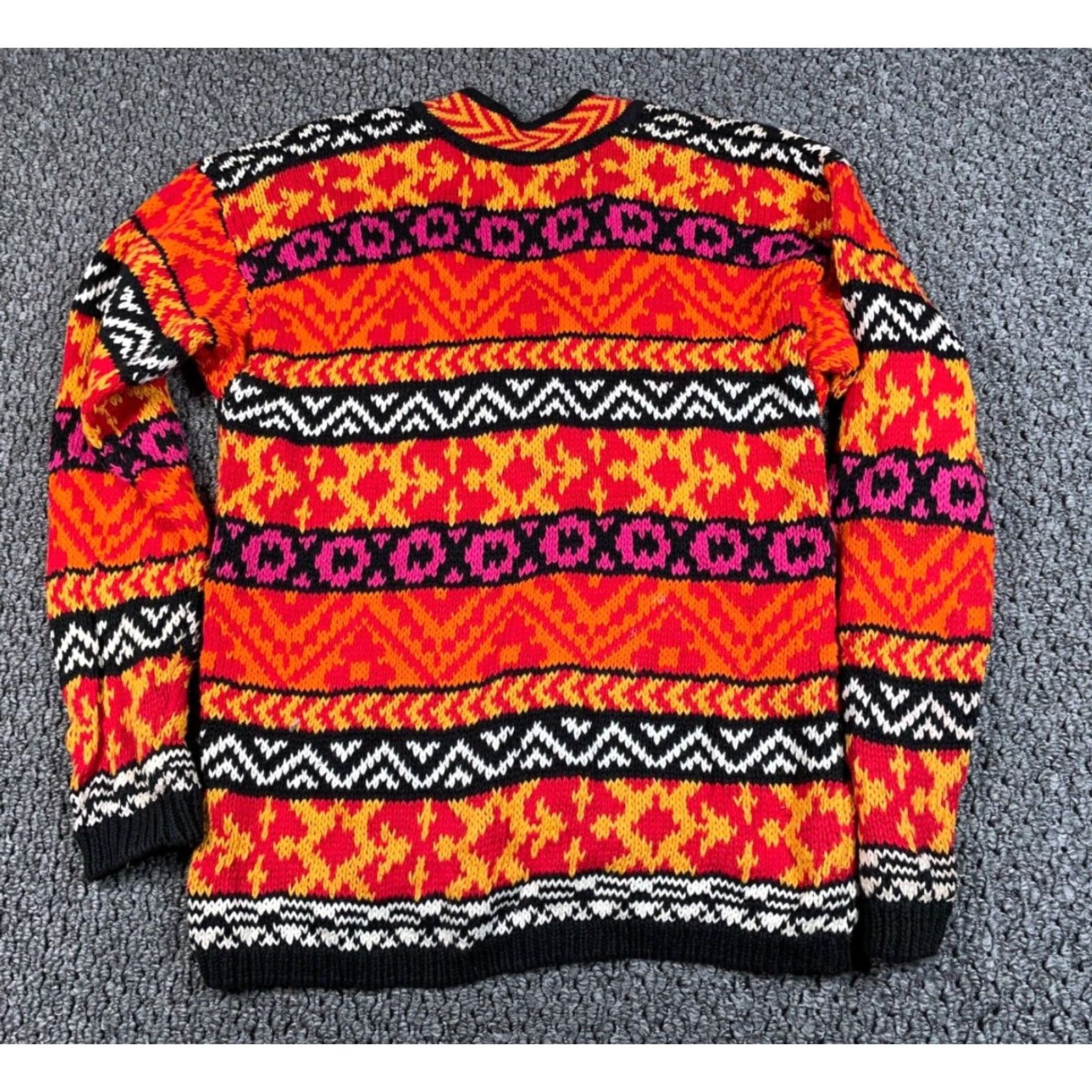 Pinko Vintage Women's Large Orange Pink Geometric Chunky Knit V-Neck Sweater 90s Retro Hipster Fall Winter Size L / US 10 / IT 46 - 2 Thumbnail