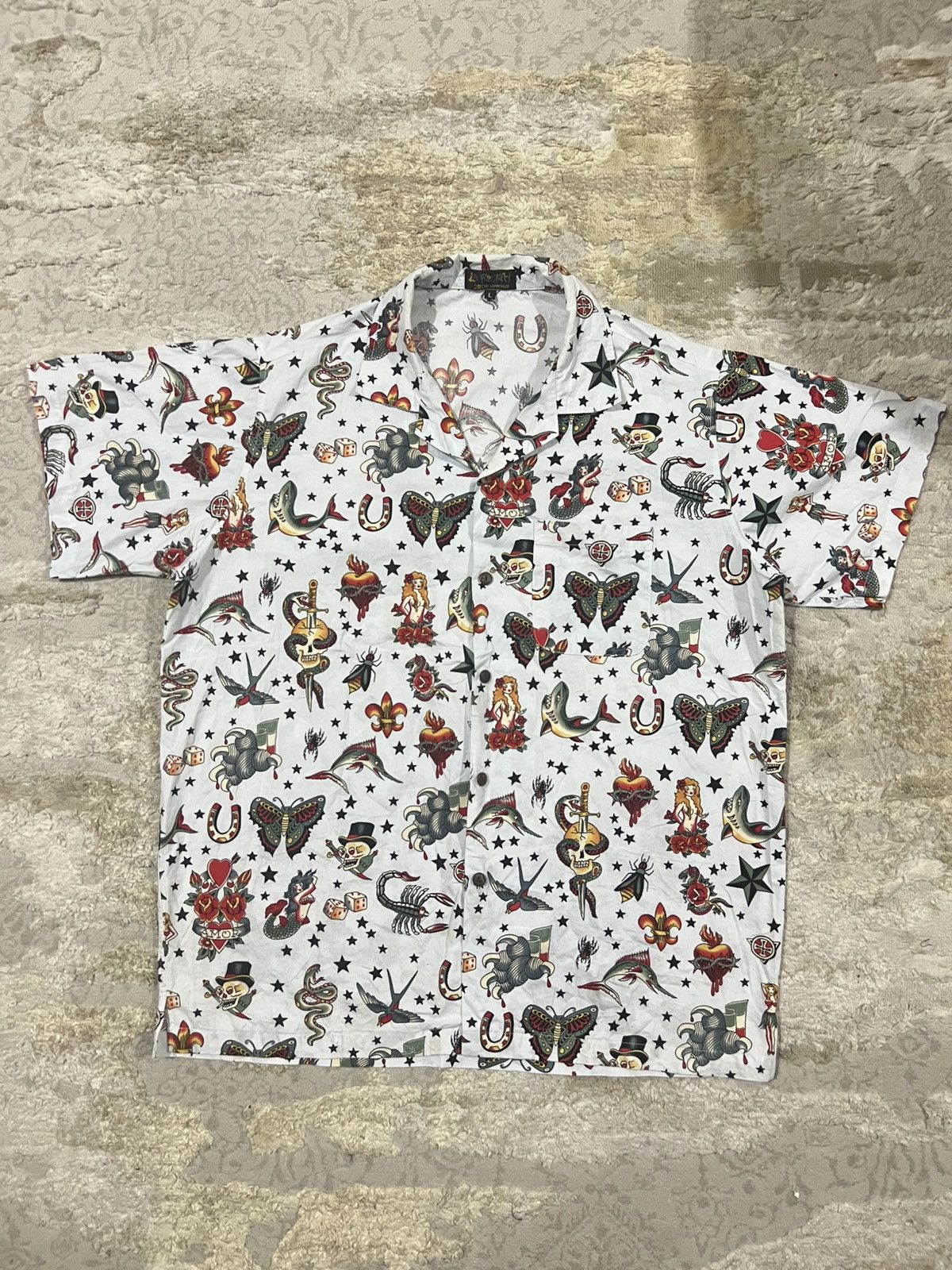 A.F.F.A. Vintage LA ROCKA! Tattoo Print Open Collar SS Button Shirt Size US L / EU 52-54 / 3 - 3 Thumbnail