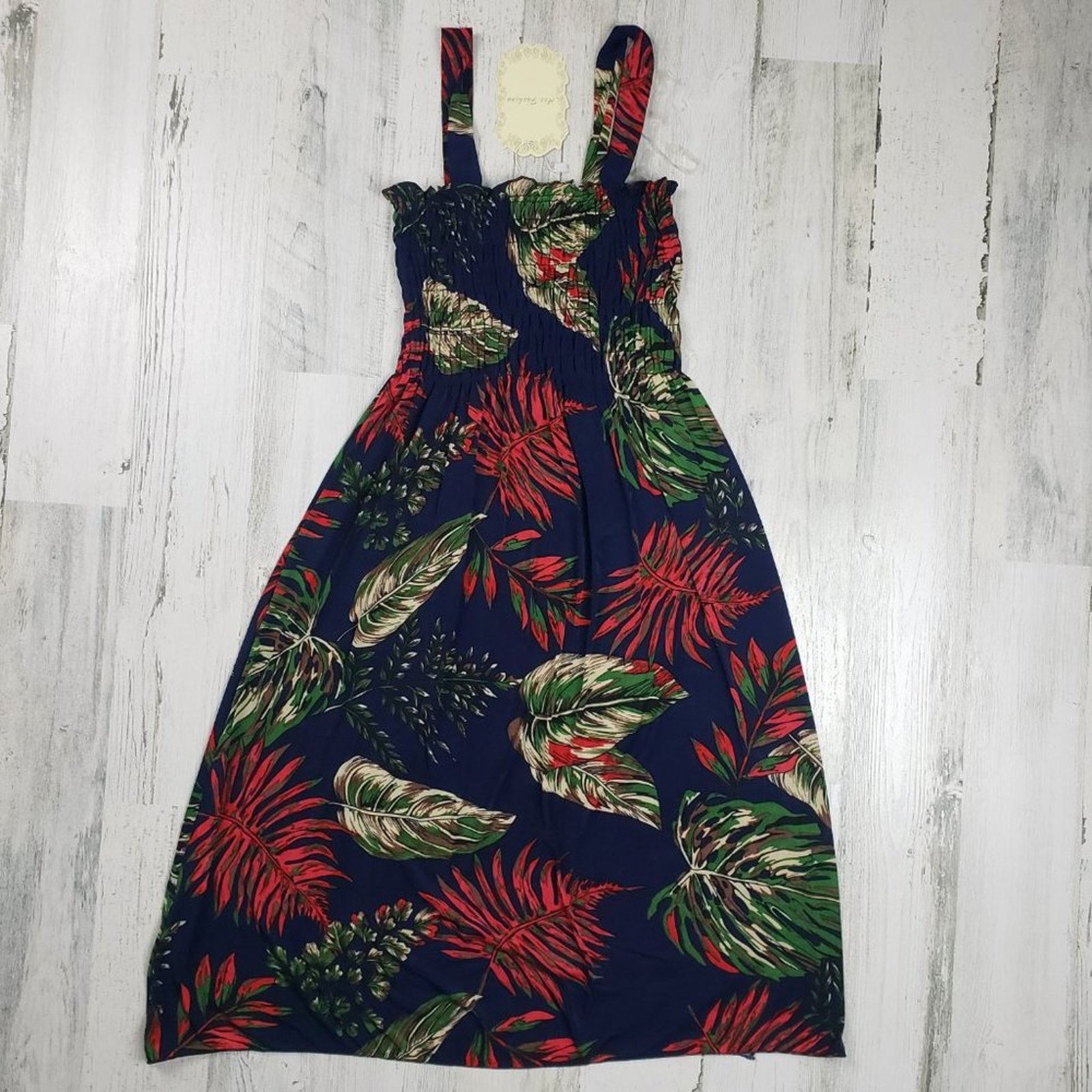 Other NWT Ace Fashions Navy Blue tropical Smocked Sundress Large Size M / US 6-8 / IT 42-44 - 7 Thumbnail