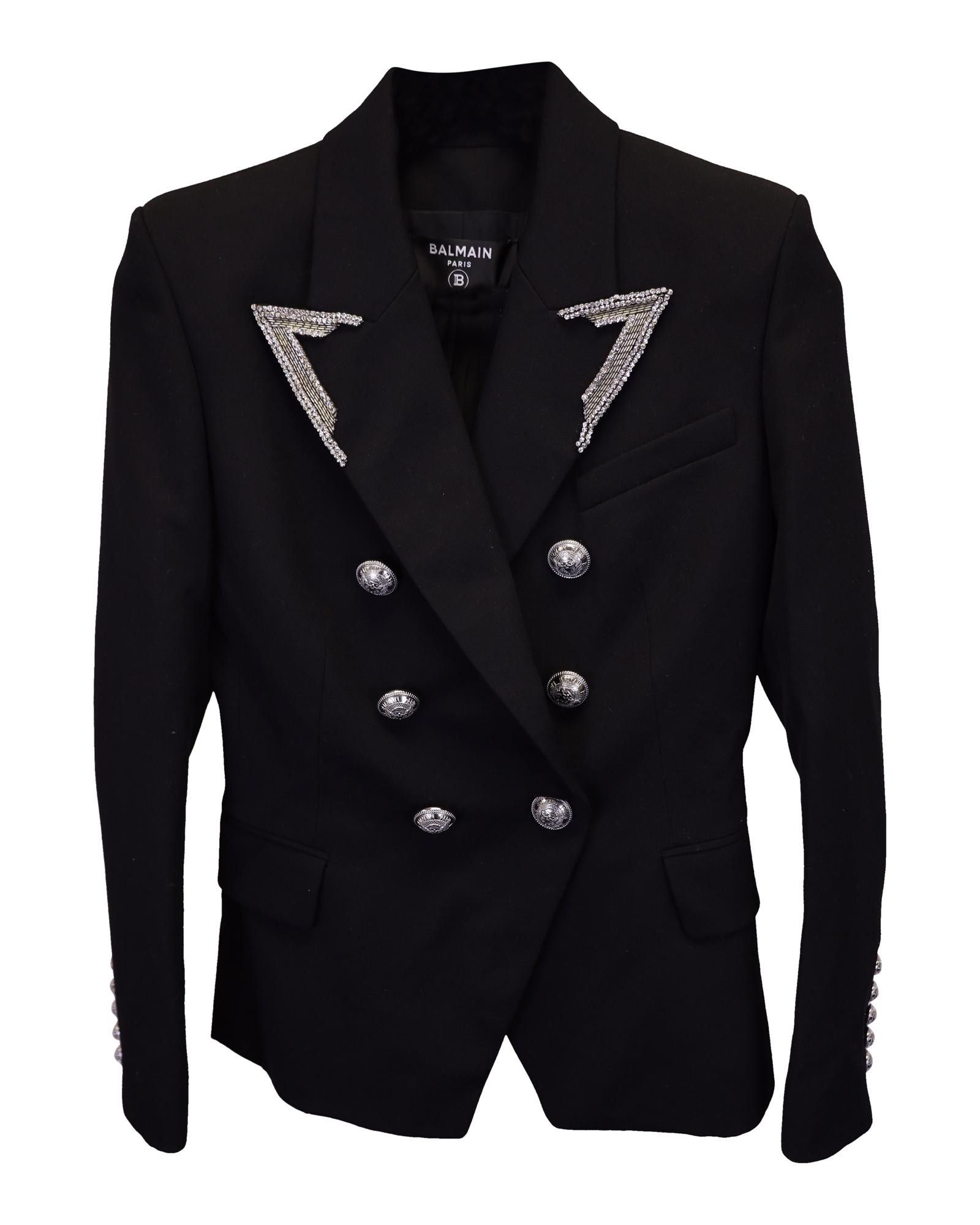 image of Balmain Embroidered Lapel Double Breasted Black Blazer In Wool, Women's (Size Small)