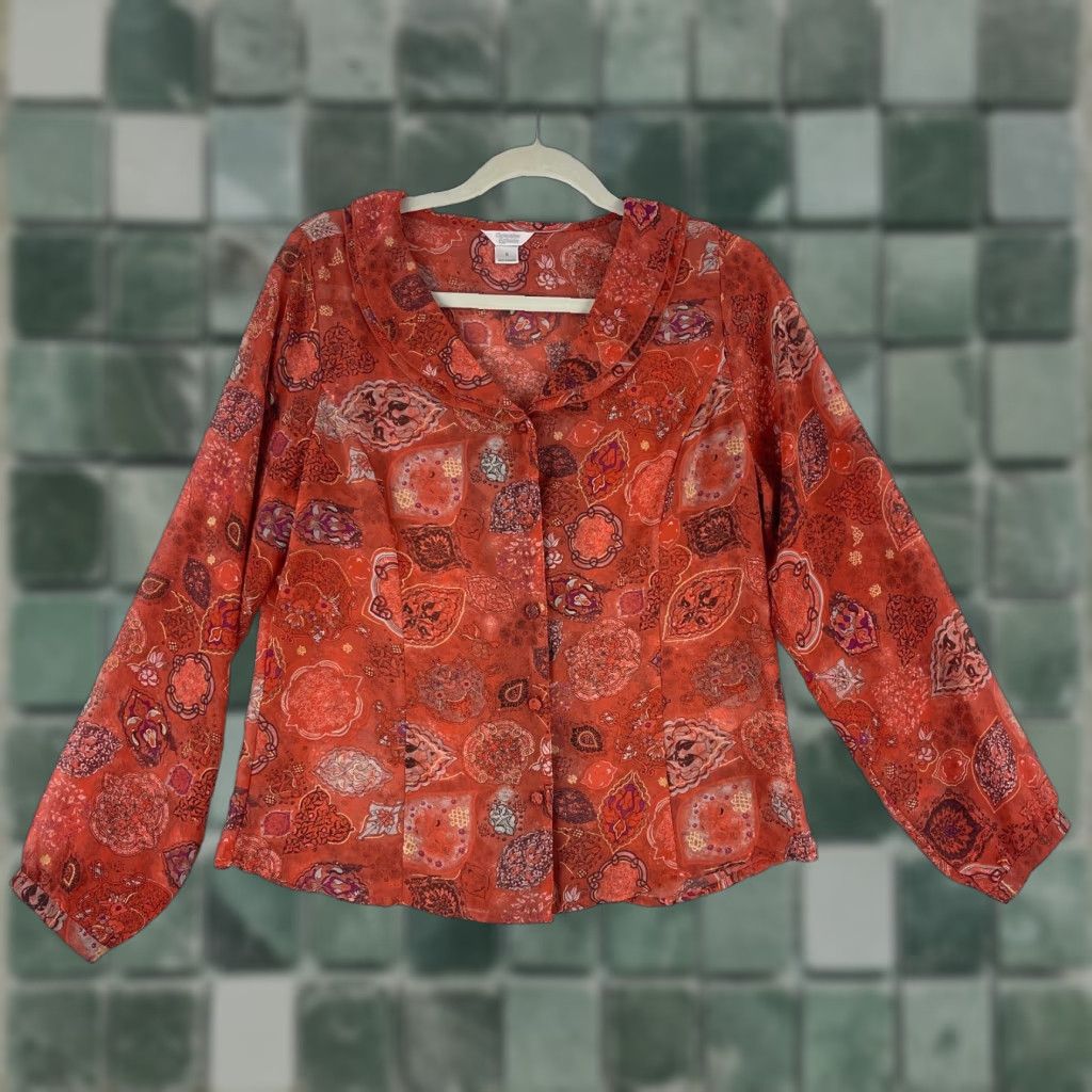 Vintage Christopher & Banks Shirt Womens Small Orange Paisley Sheer Chiffon Button-Front Size S / US 4 / IT 40 - 1 Thumbnail