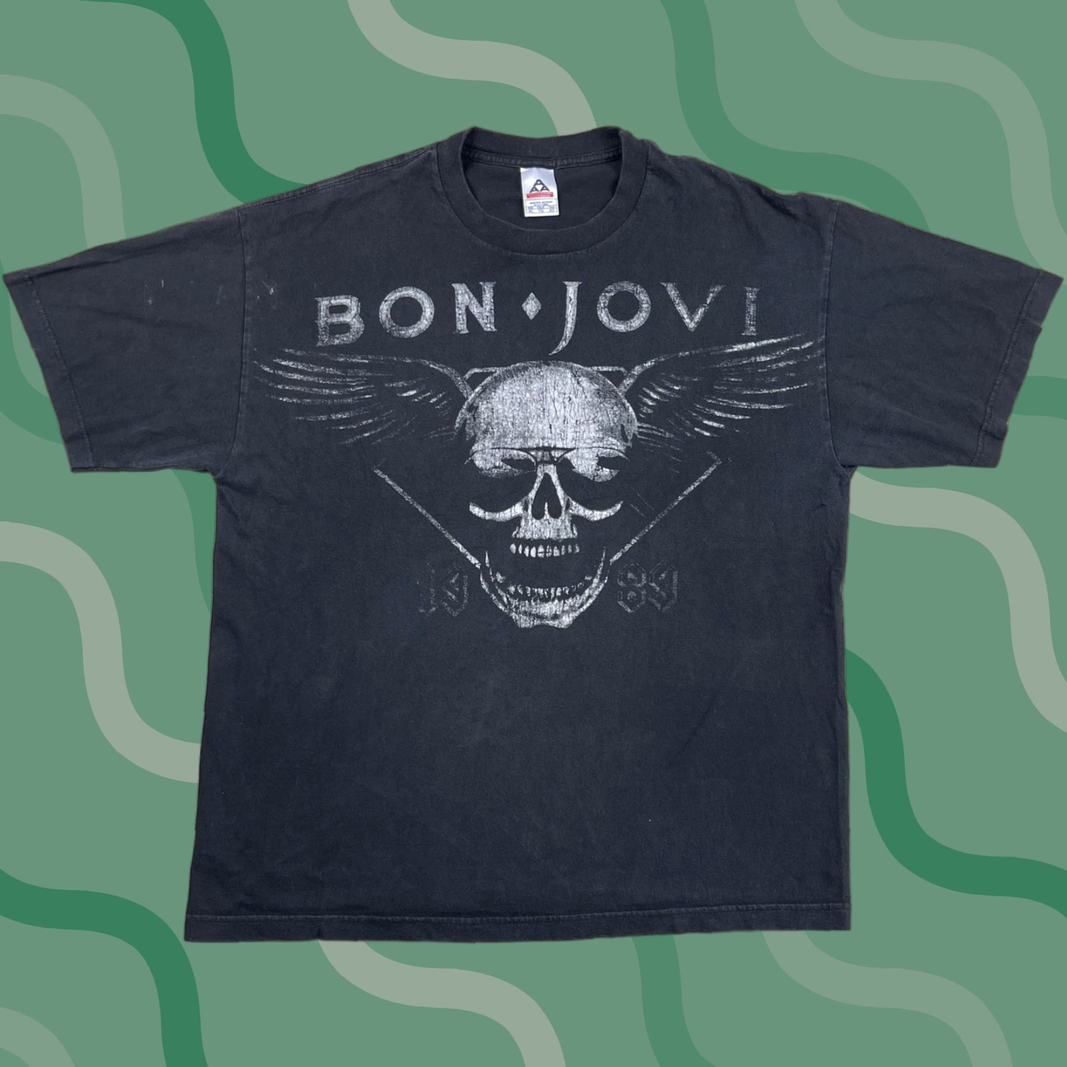 VINTAGE Bon Jovi Shirt Men XL Crew Neck Black 90s Rock Band Tour 1989 Aerosmith Print