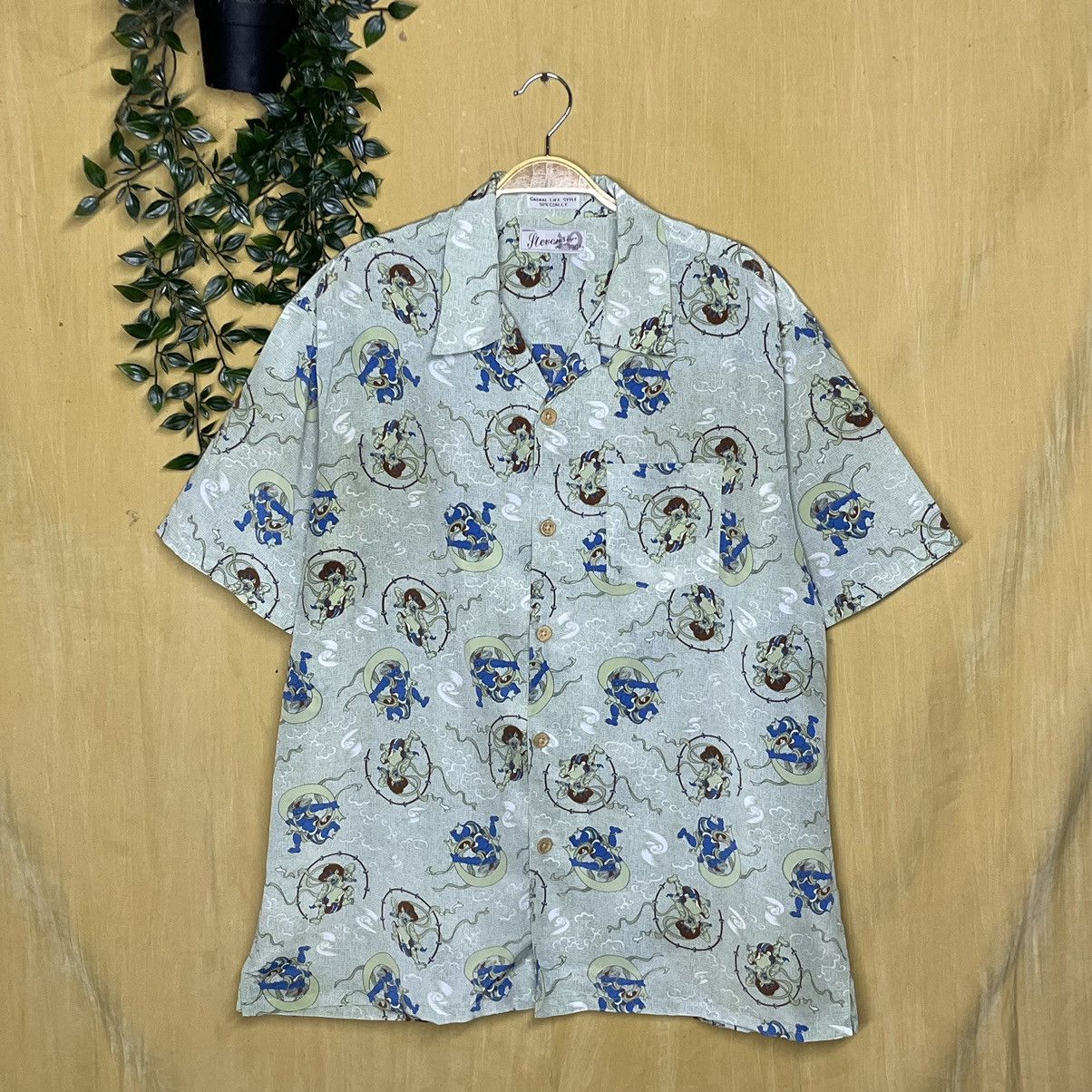image of Stevenson Overall Co x Vintage Stavenson Fujin Raijin Shirt Button Up in Light Green (Size Large)