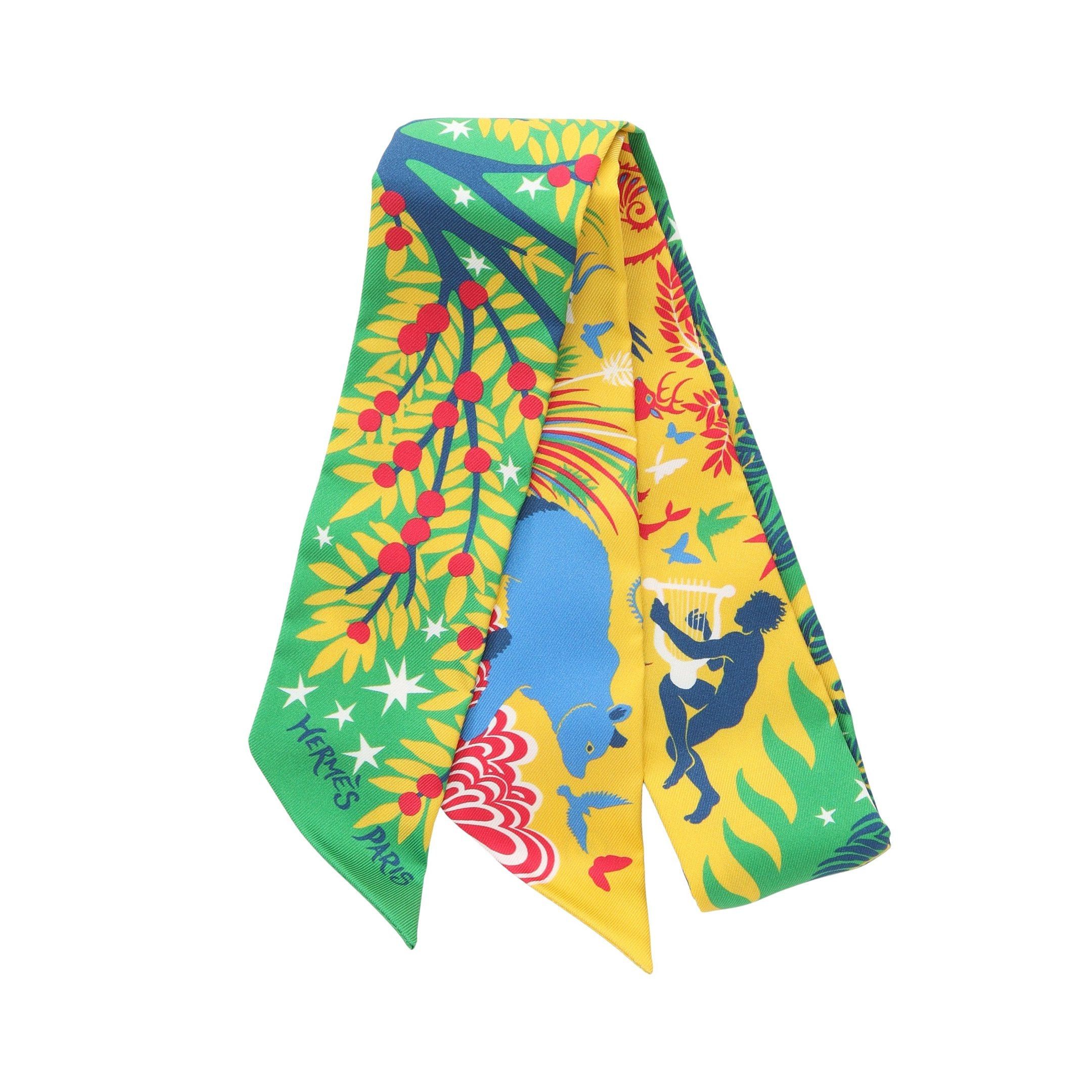 Hermes Hermes Twilly Sous Le Charme D'Orphee Ribbon Scarf Silk Yellow Green Multicolor Size ONE SIZE - 1 Thumbnail