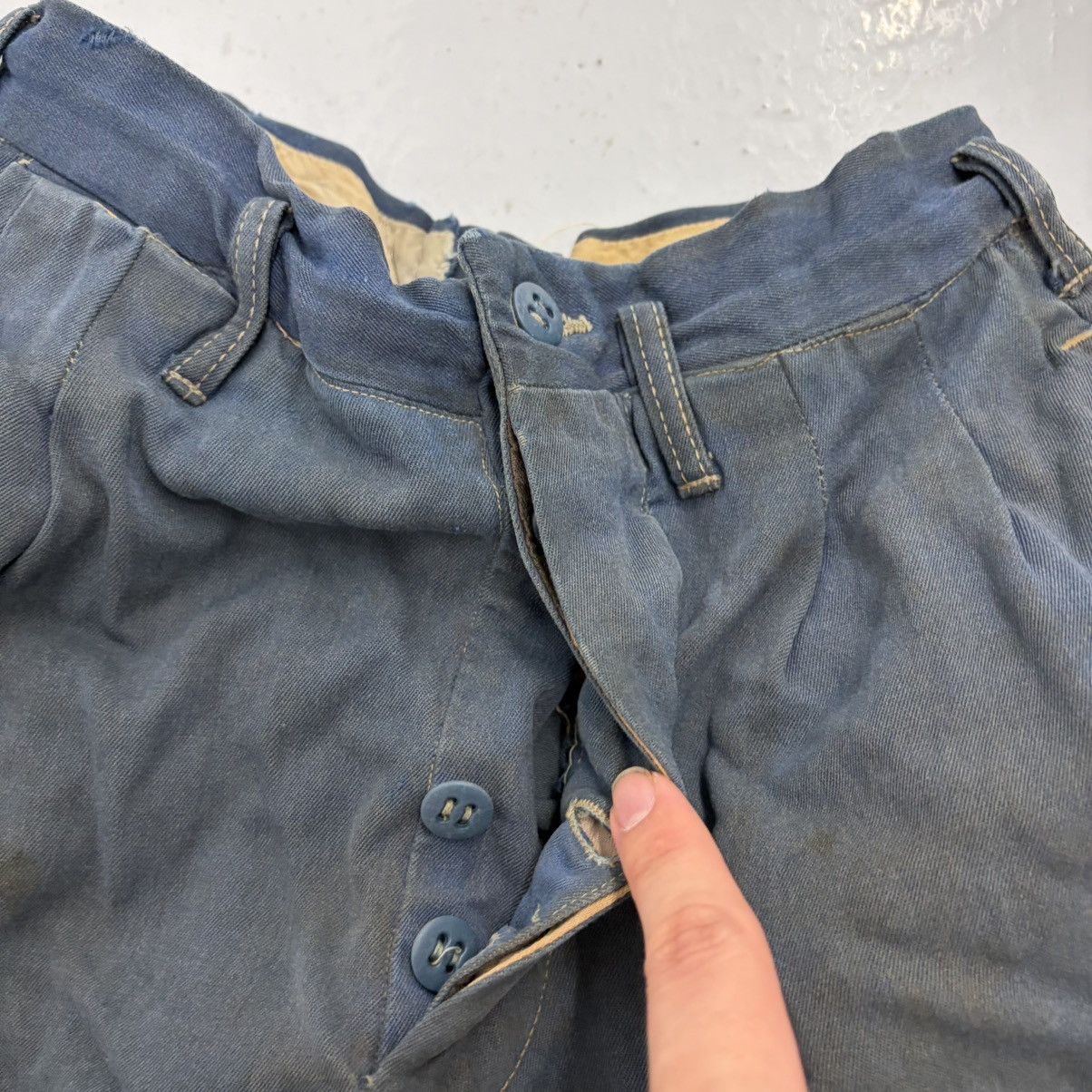 Other Vintage 50s Blue Wool Gabardine Distressed Trousers 22x25 Size 22" - 2 Thumbnail