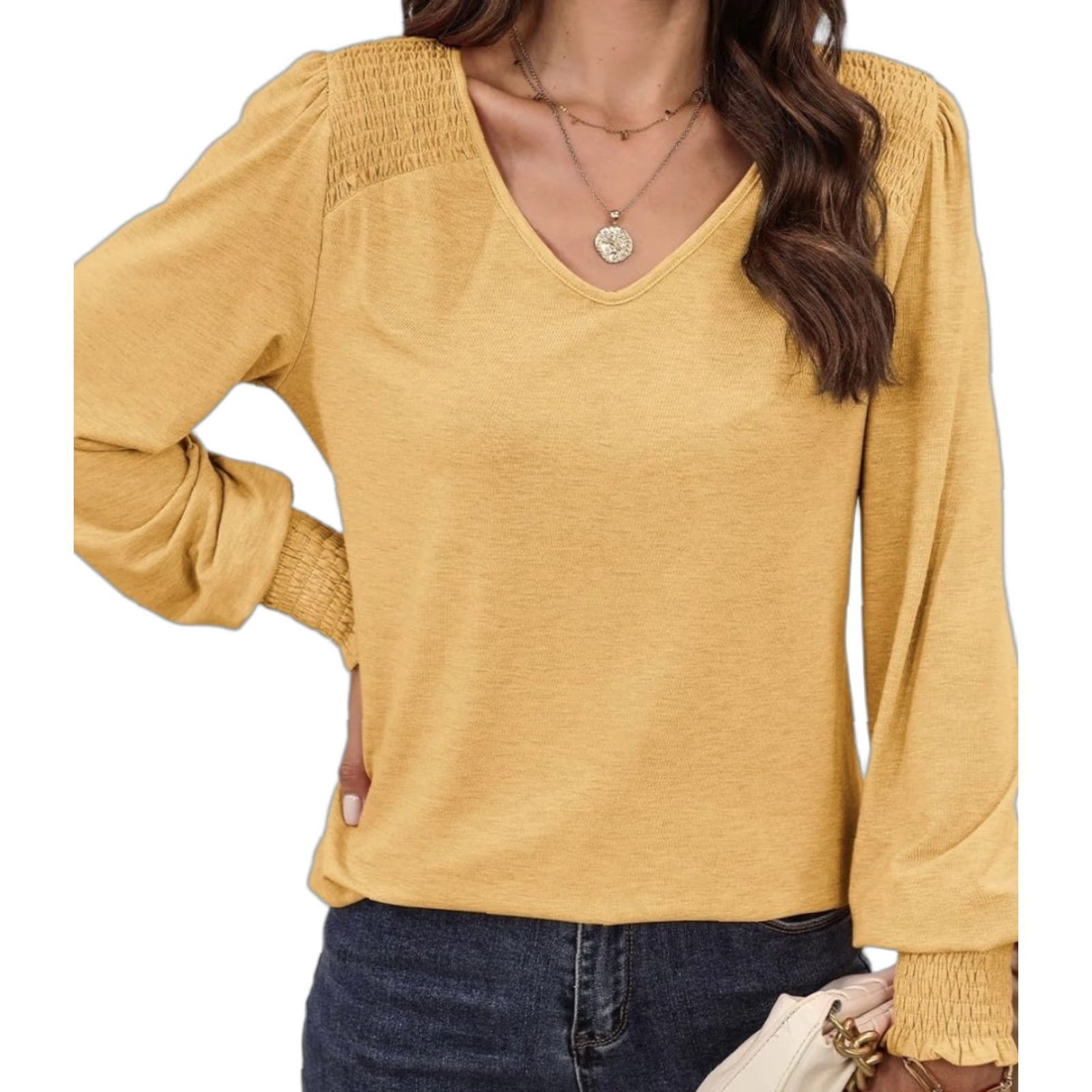 Vintage NWT Dokotoo Beige V-Neck Long Sleeve Blouse With Smocked Shoulder Women's Medium Blouse Size M / US 6-8 / IT 42-44 - 1 Thumbnail