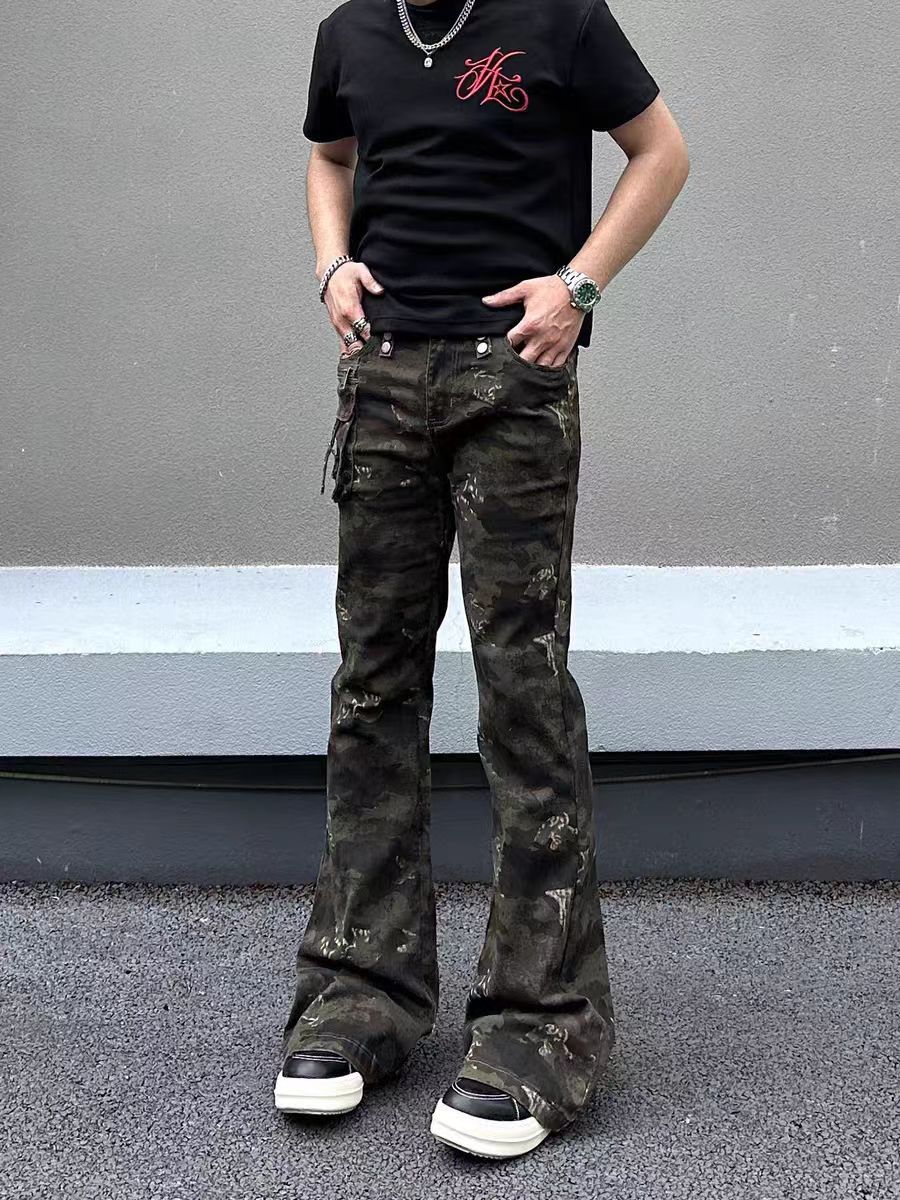 Street-style washed ripped camouflage pants