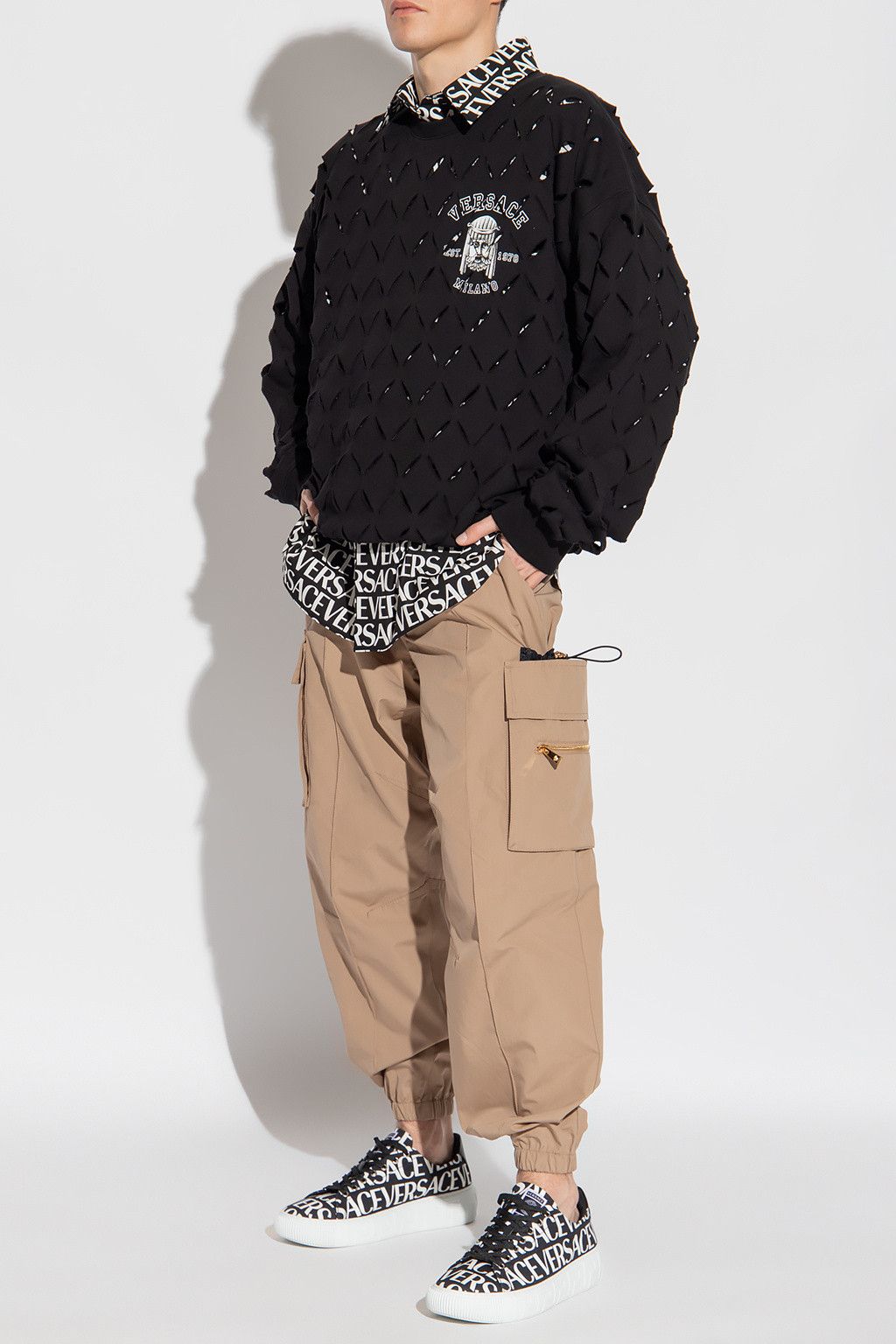 Versace VERSACE Black With White Motif Cut Out Sweater Pullover Size US L / EU 52-54 / 3 - 1 Thumbnail