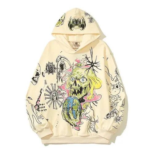 image of Skulls Skeleton Graffiti Pull Over Hoodie in Beige, Men's (Size Medium)