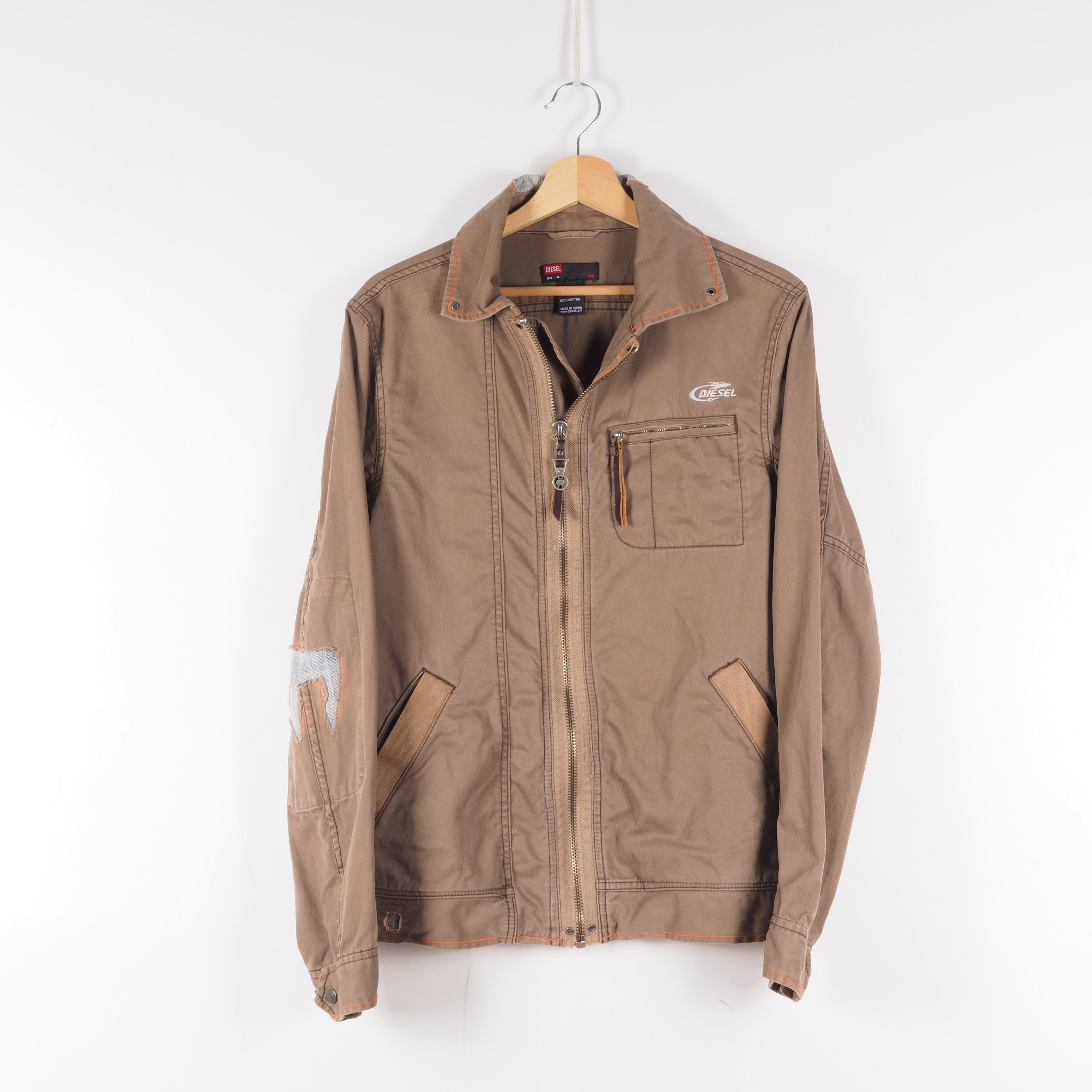 DIESEL Men's Vintage Distress Denim Trims Brown Zip Jacket
