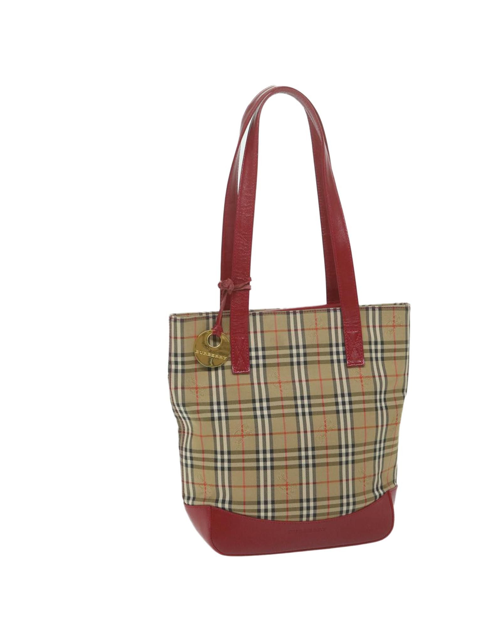 image of Burberry Beige And Red Nylon Leather Tote Bag, Women's