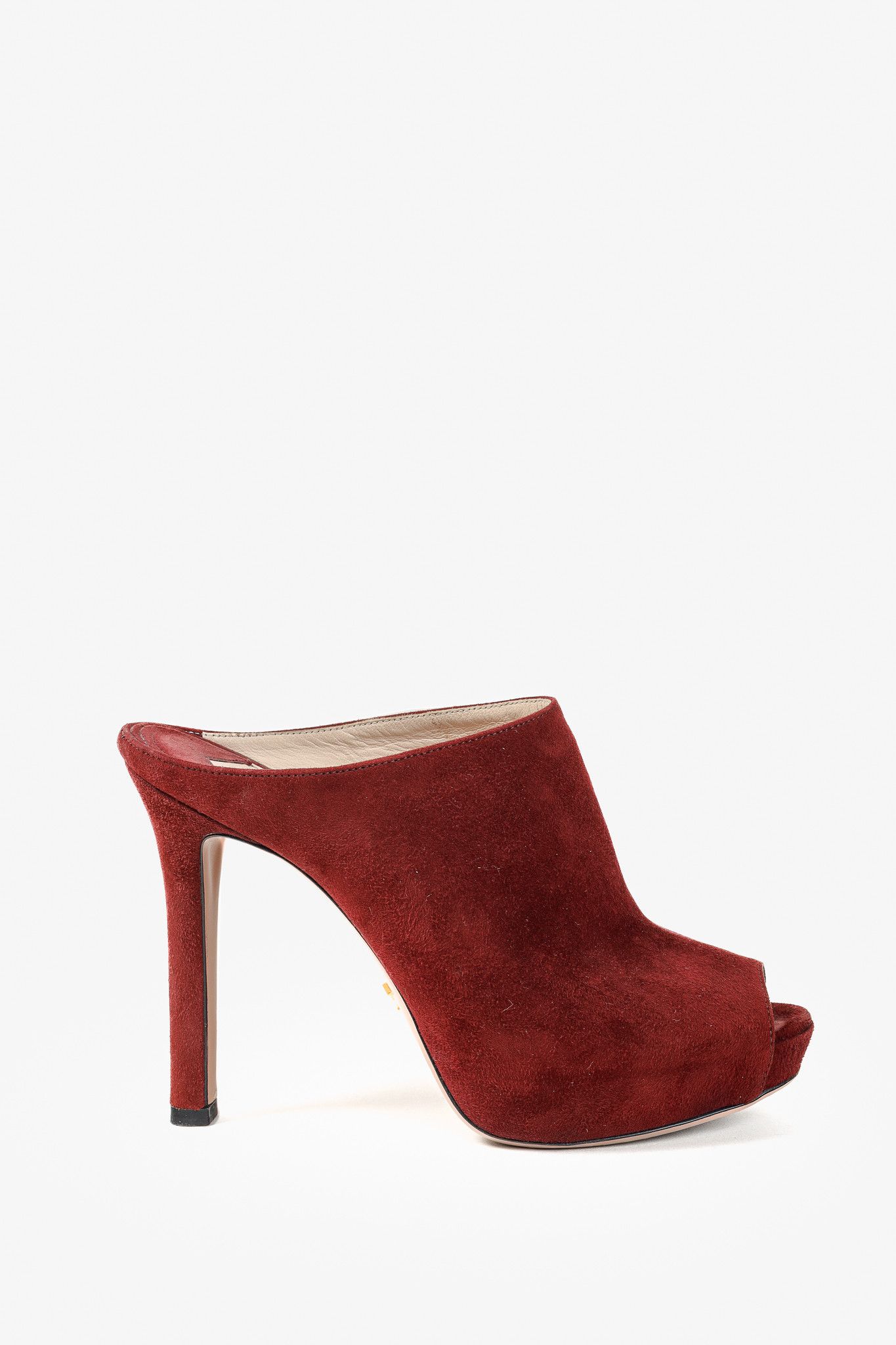 Prada Prada Burgundy Suede Stiletto Heel Slide Mule Platform Pump Size US 6.5 / IT 36.5 - 1 Thumbnail