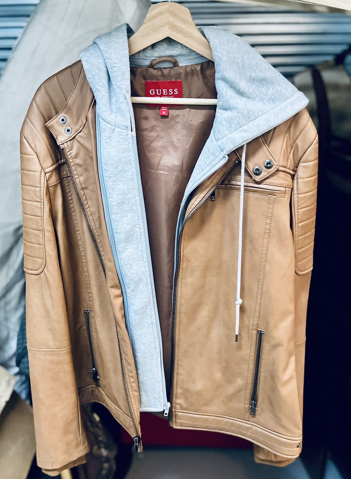 Guess Guess Faux Light Brown Leather Hoodie Jacket Size L Size US L / EU 52-54 / 3 - 1 Thumbnail