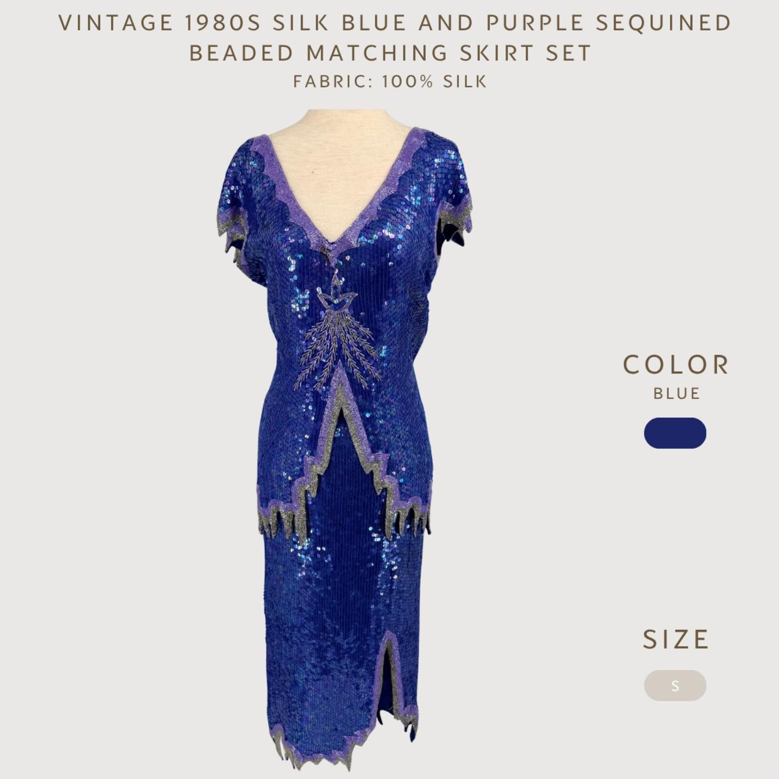 Unknown London Vintage 1980s Silk Sequin Beaded Skirt Set Blue Purple S Size S / US 4 / IT 40 - 2 Thumbnail