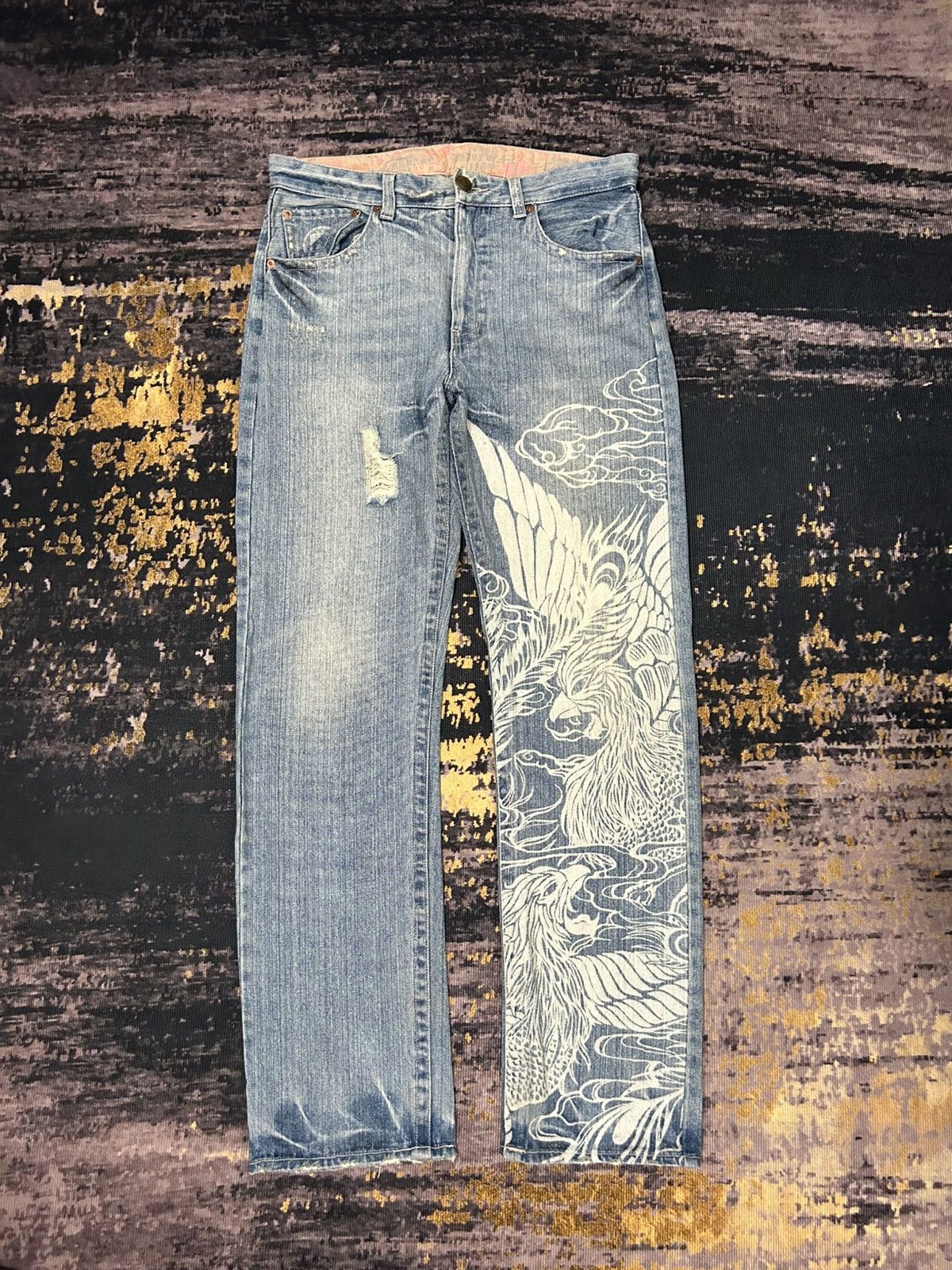 Karakuri Tamashii Vintage Buden Phoenix Sukajan Distressed Jeans Size US 31 - 1 Thumbnail