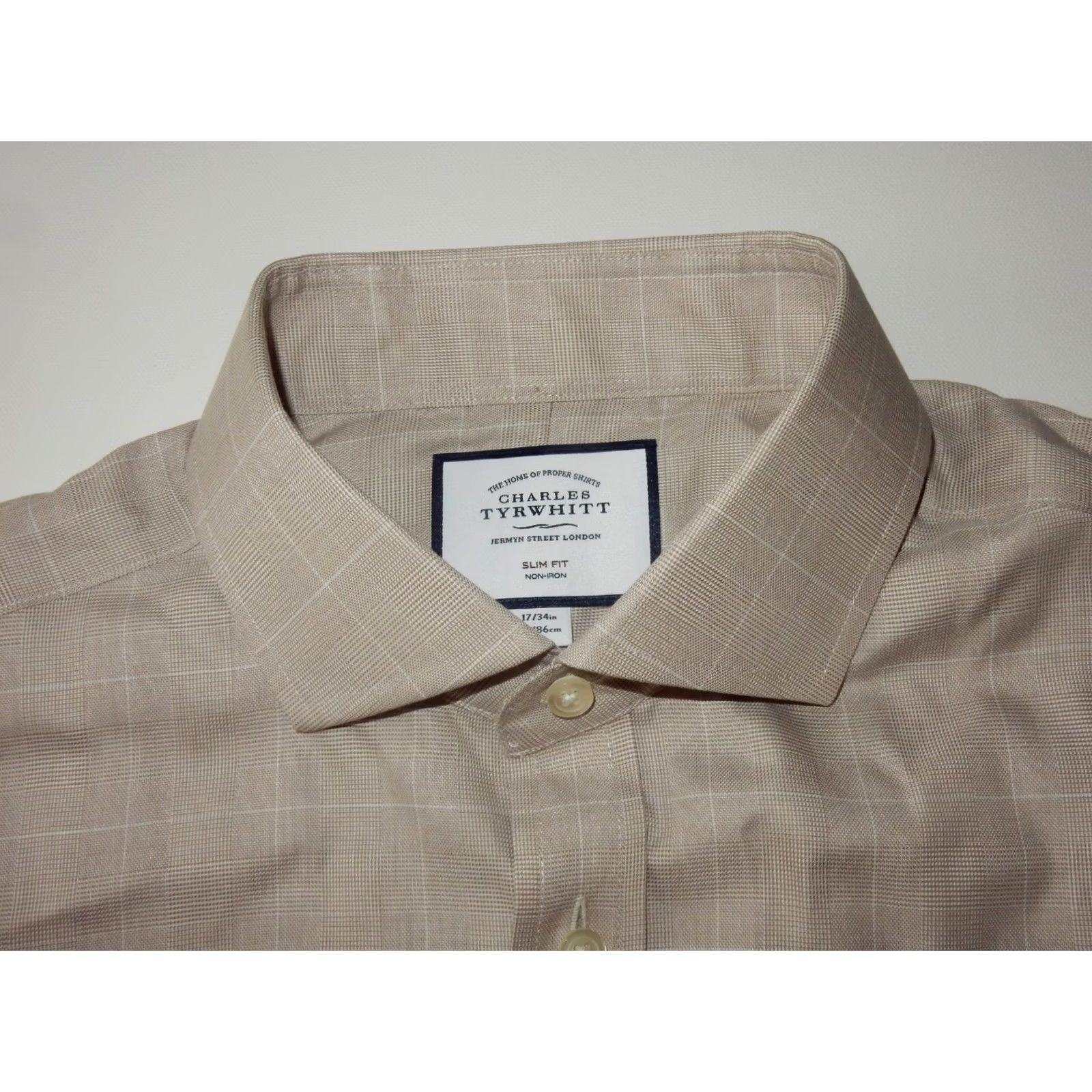 Charles Tyrwhitt Charles Tyrwhitt Mens Dress Shirt Size 17-34 Slim Fit Plaid Beige Long Sleeve Size 46R - 2 Thumbnail