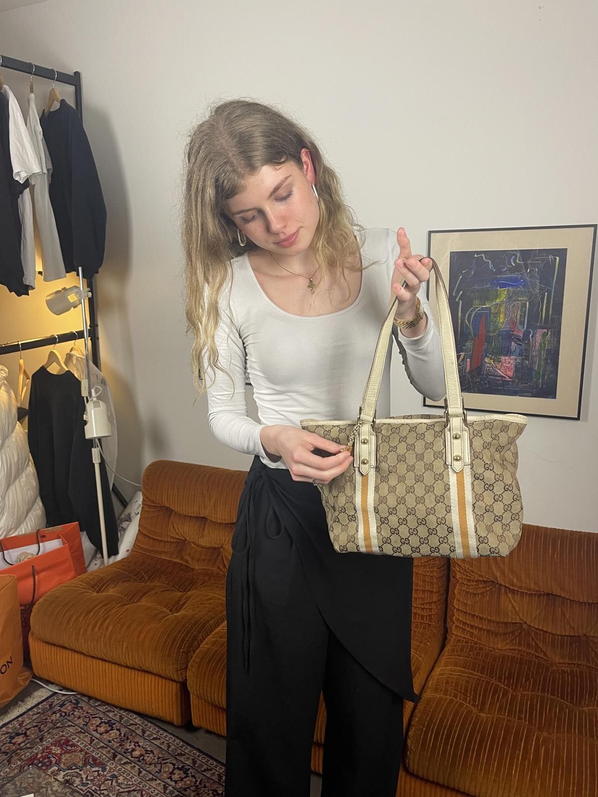 Gucci Gucci - Beige Monogram Tote Bag with White Stripes Size ONE SIZE - 1 Thumbnail