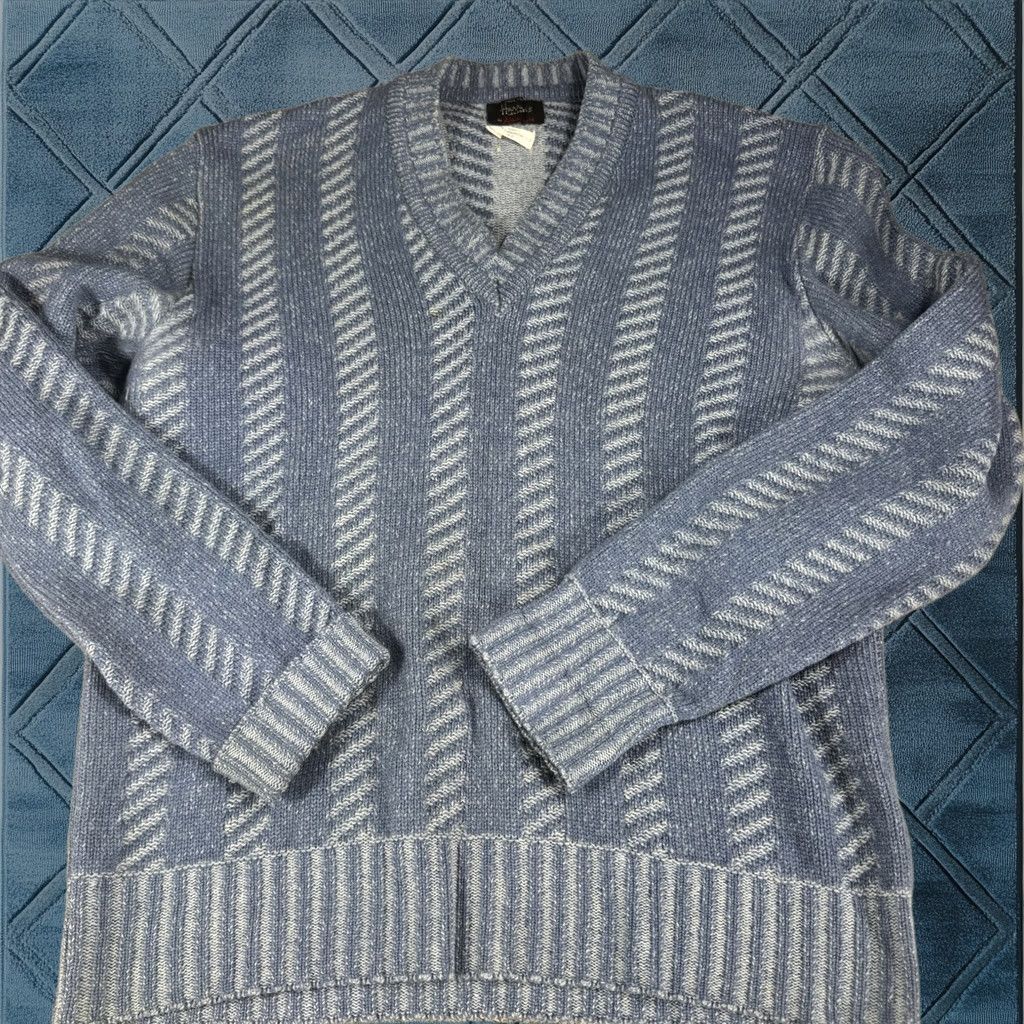 Harrods Mens Blue V Neck Pullover Sweater L 42 100% Lambswool Striped, Men's