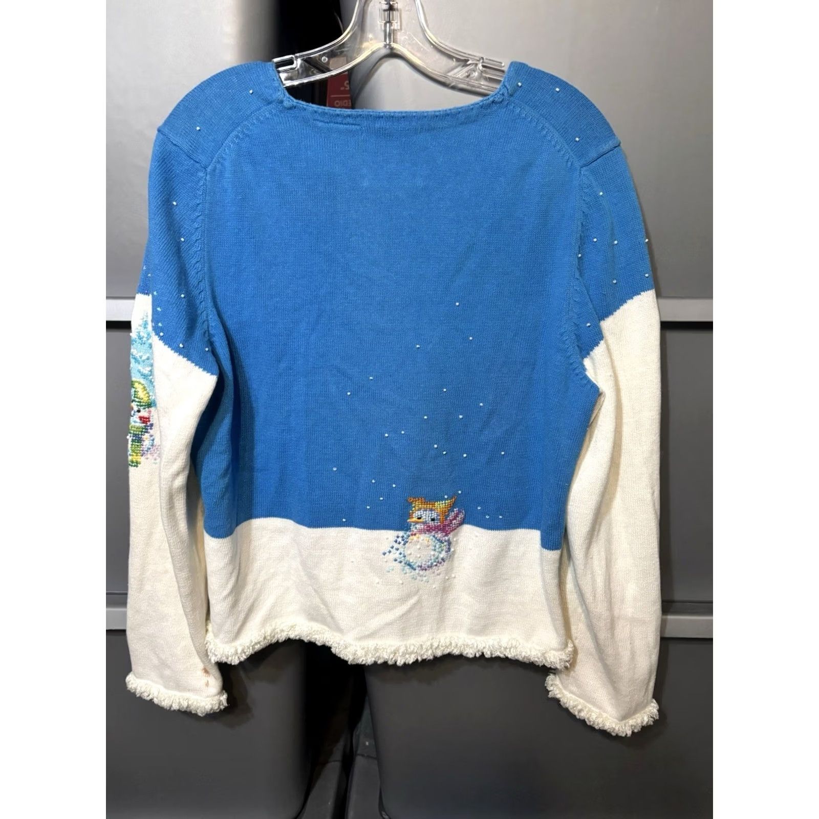Vintage Michael Simon Cardigan Sweater Womens L Blue Beaded Bling Christmas Snowman Granny Y2K Holiday, Women's — image 4 of 4