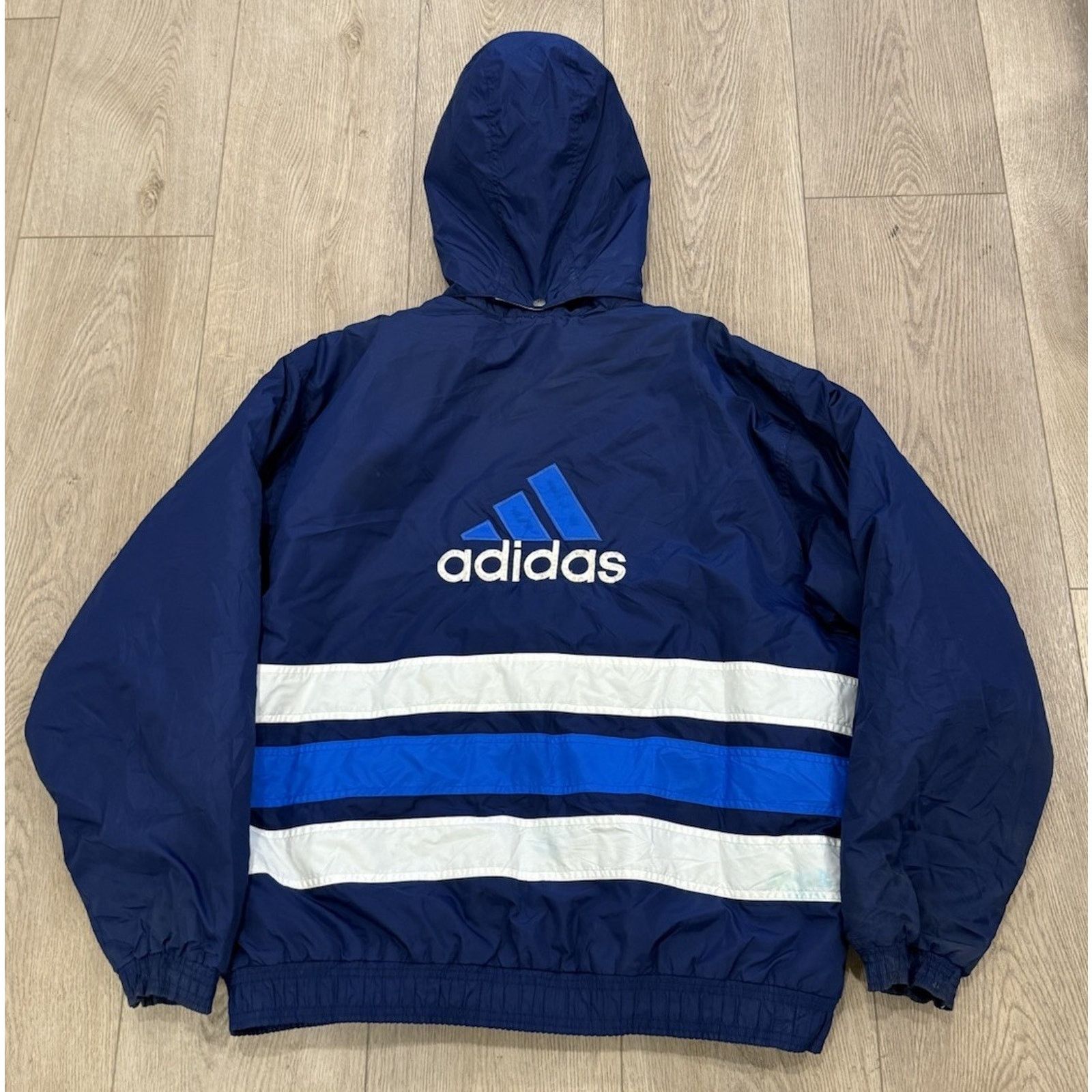 Adidas Vintage 90s Adidas Puffer Jacket Coat XL Hooded Striped Navy Size US XL / EU 56 / 4 - 4 Thumbnail