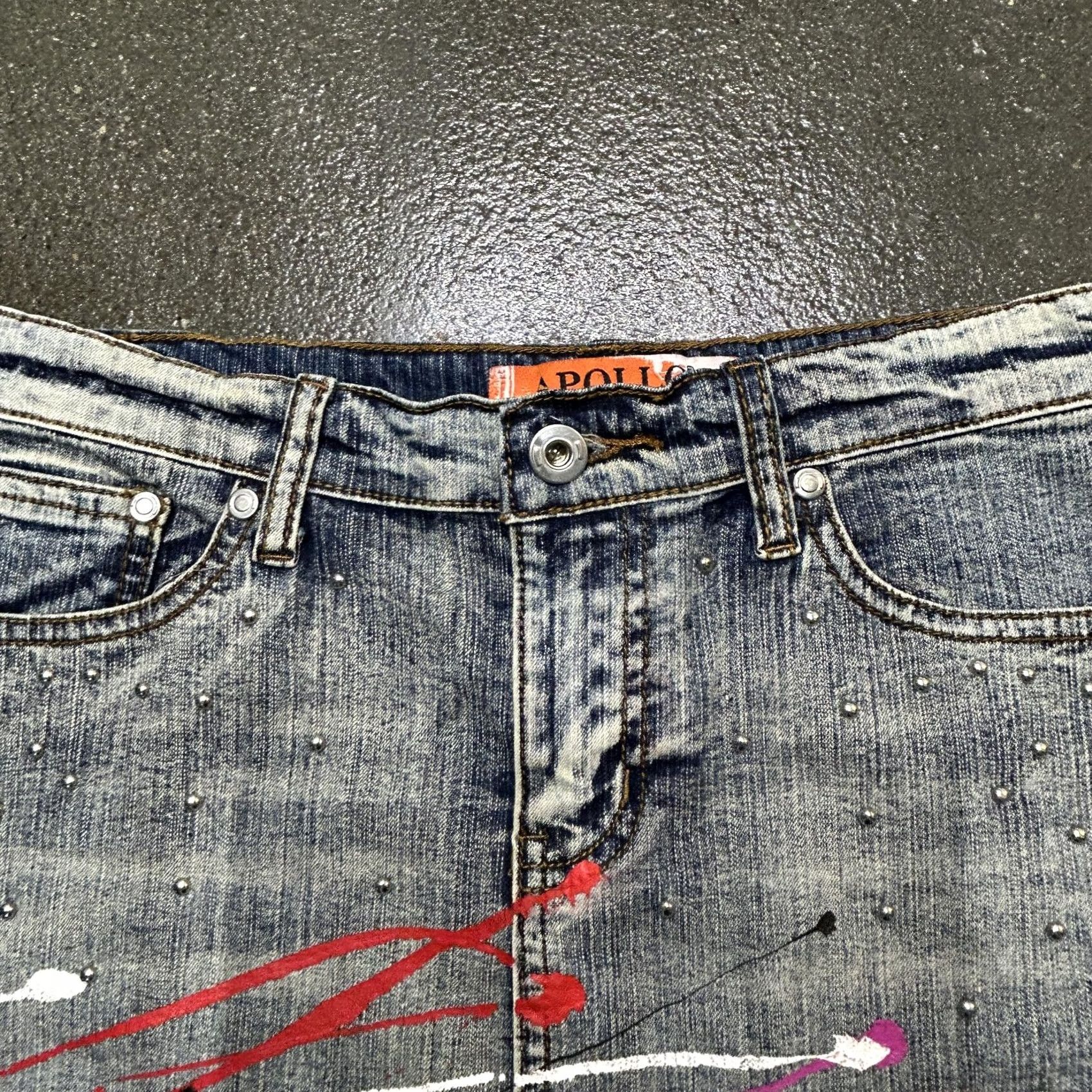 Denime Apollo Jeans Skirt Womens Medium Denim Mini Paint Splatter Studded Art Size 32" / US 10 / IT 46 - 3 Thumbnail