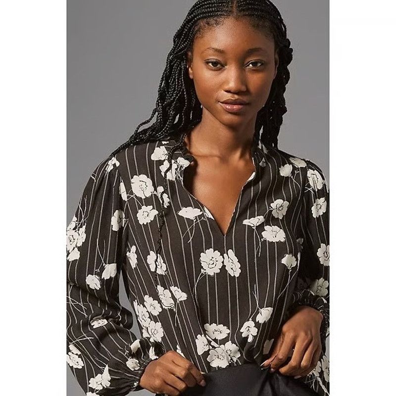 Anthropologie Anthropologie The Odells Black Floral Stripe Blouse SZ M Size M / US 6-8 / IT 42-44 - 2 Thumbnail