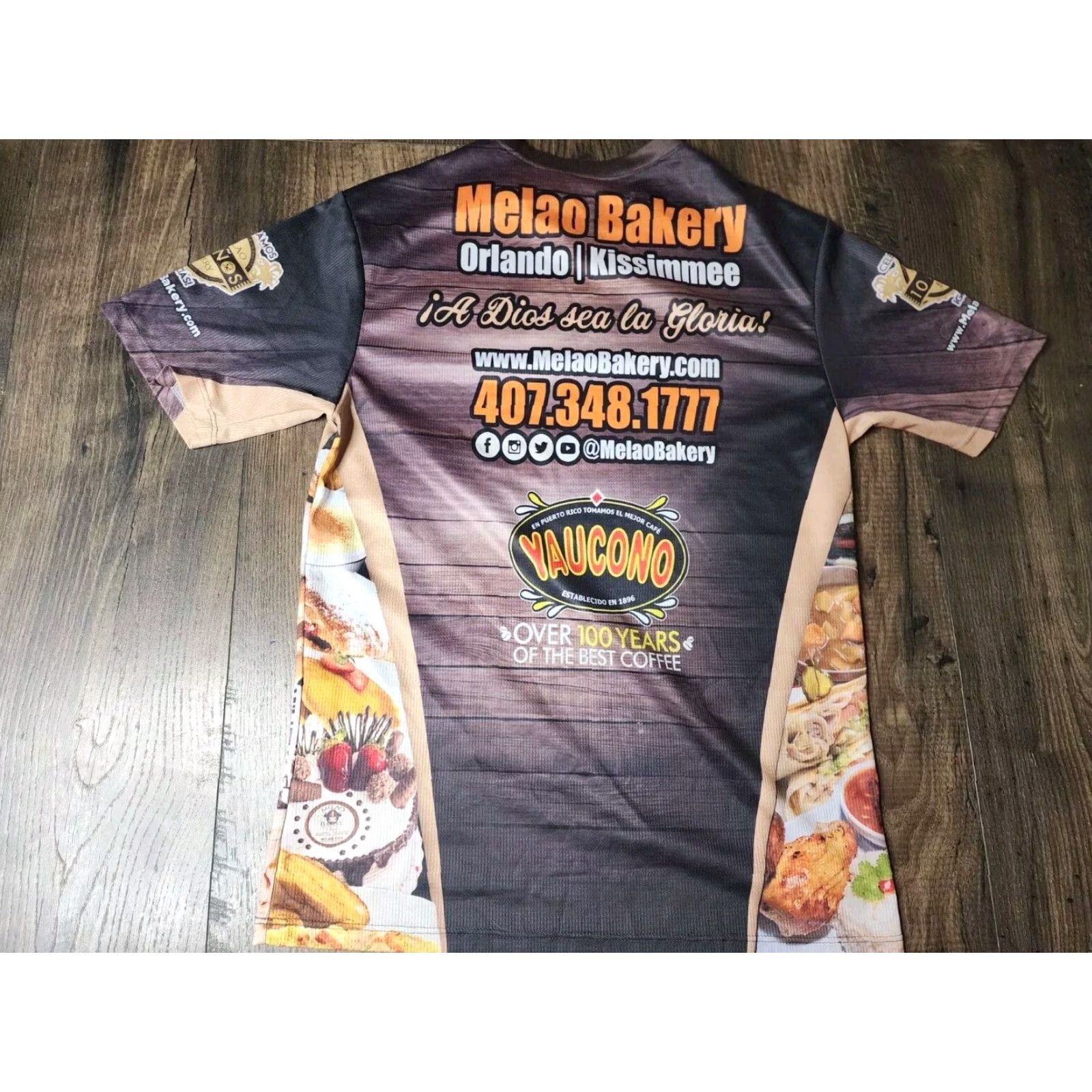 Vintage Mens XS Melao Bakery FL Spanish Latin Food All Over Print T Shirt Size US XS / EU 42 / 0 - 2 Thumbnail