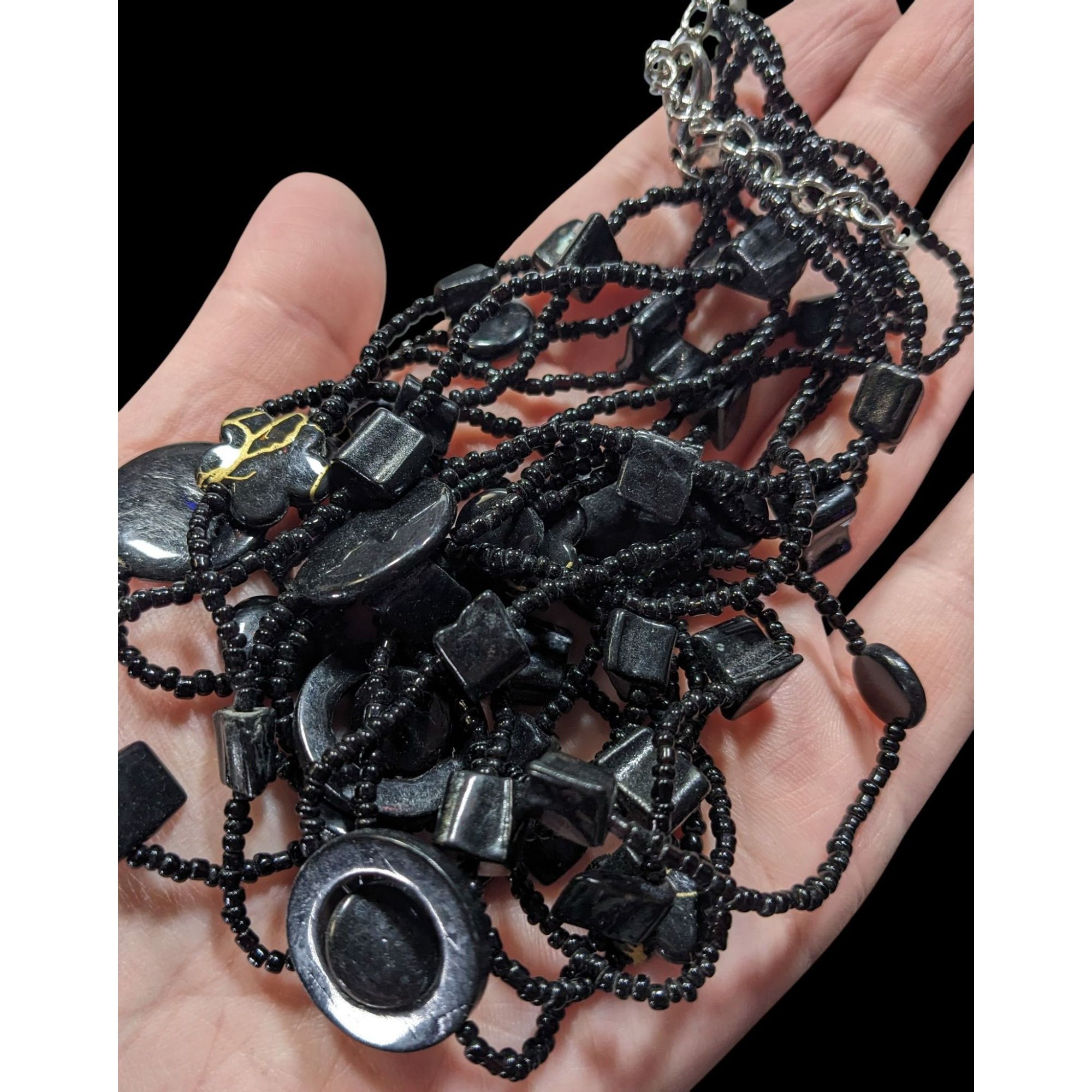 Other Multistrand Black Beaded Artisan Necklace With Geometric Sto Size ONE SIZE - 3 Thumbnail