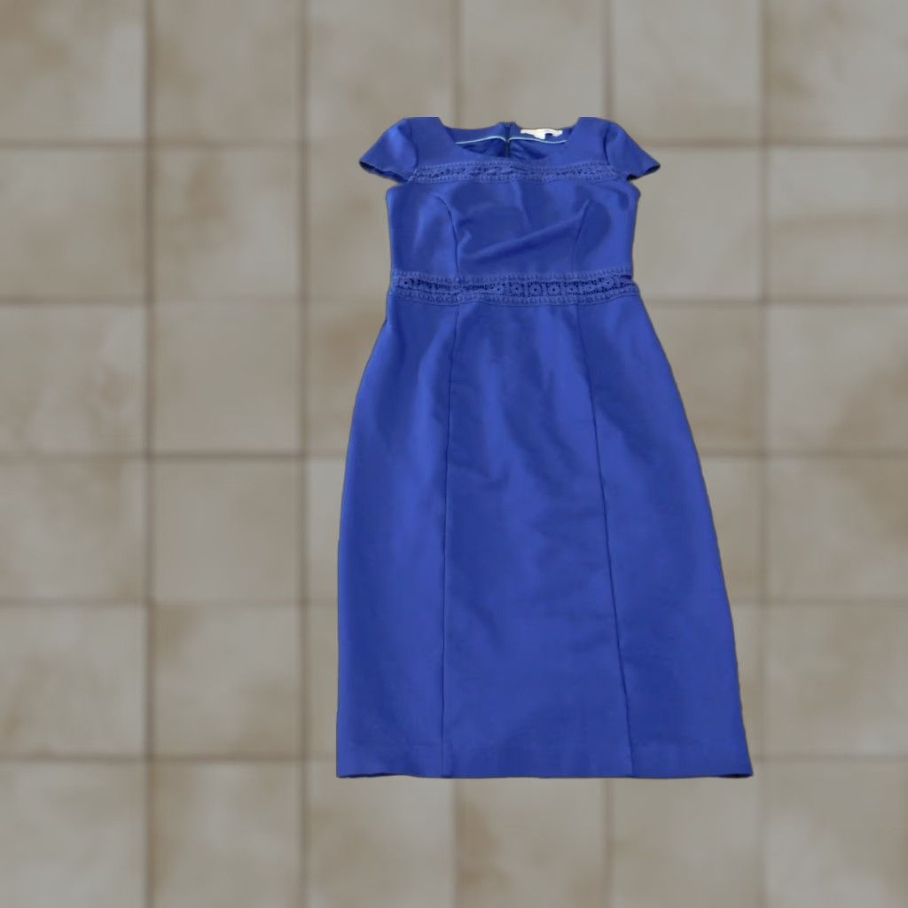 Boden Boden Dress Womens US 4 Blue Short Sleeve Sheath Midi Lace Trim Work Office Dress Size 27" / US 4 / IT 40 - 1 Thumbnail
