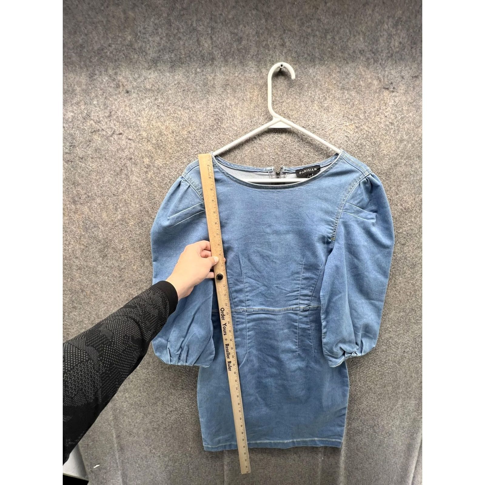 Vintage Parisian Dress Womens 12 Blue Denim Puff Sleeve Bodycon Mini Short Stretch Dress Size 34" / US 12 / IT 48 - 2 Thumbnail
