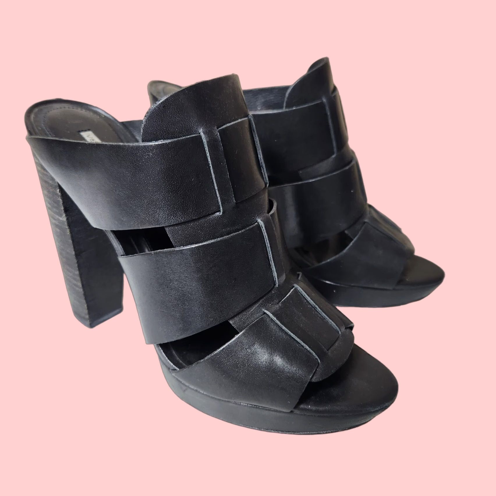 Vera Wang Lavender Black Leather Strappy Peep Toe Block Heel Shoes Size 8.5 - Party/cocktail, Sexy, Womens