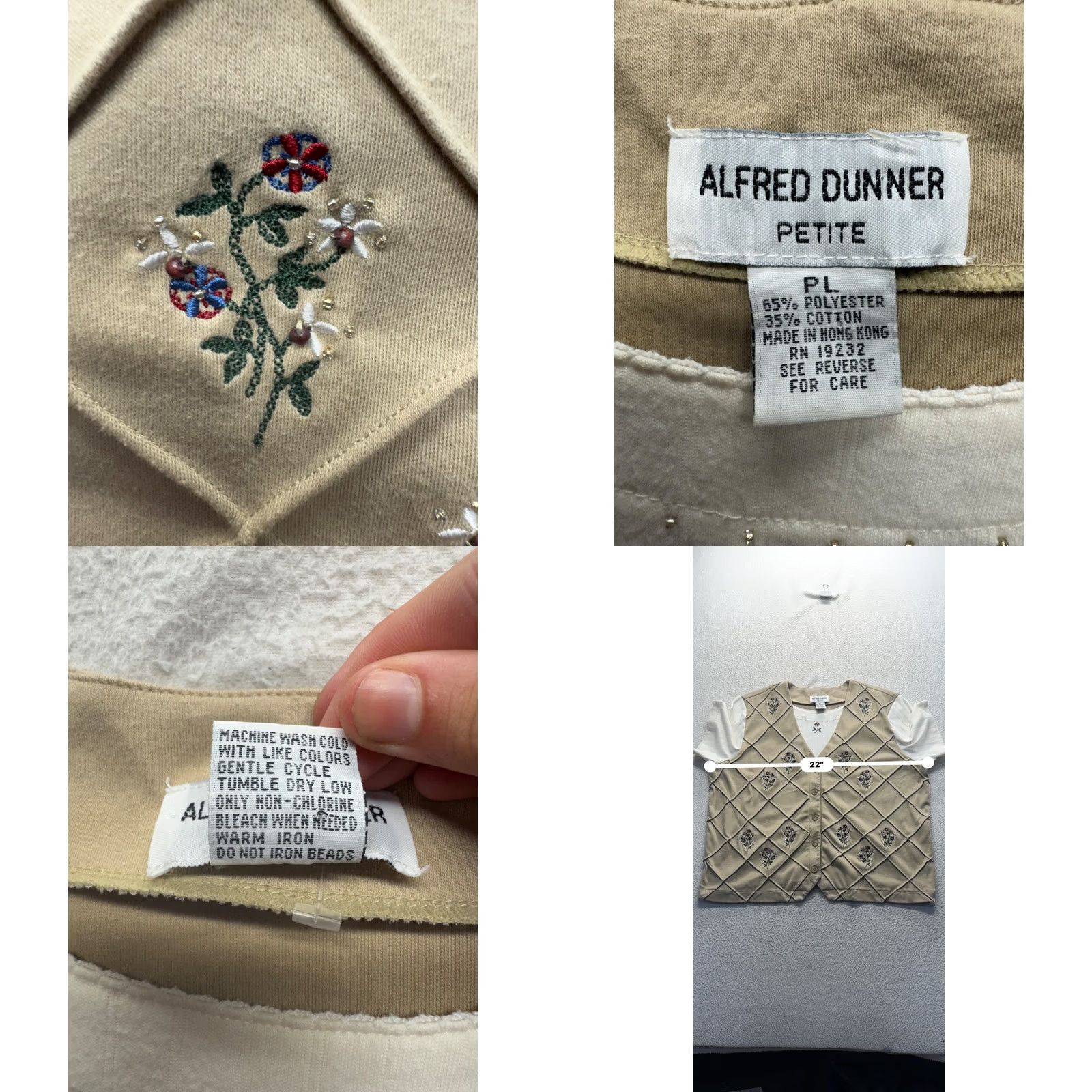 Vintage Alfred Dunner Blouse Shirt XS Womens Petite Floral Embroidered Short Sleeve Button-Front Vest Top Beige Cotton Polyester Knit Modern Casual 81B Size XS / US 0-2 / IT 36-38 - 9 Thumbnail