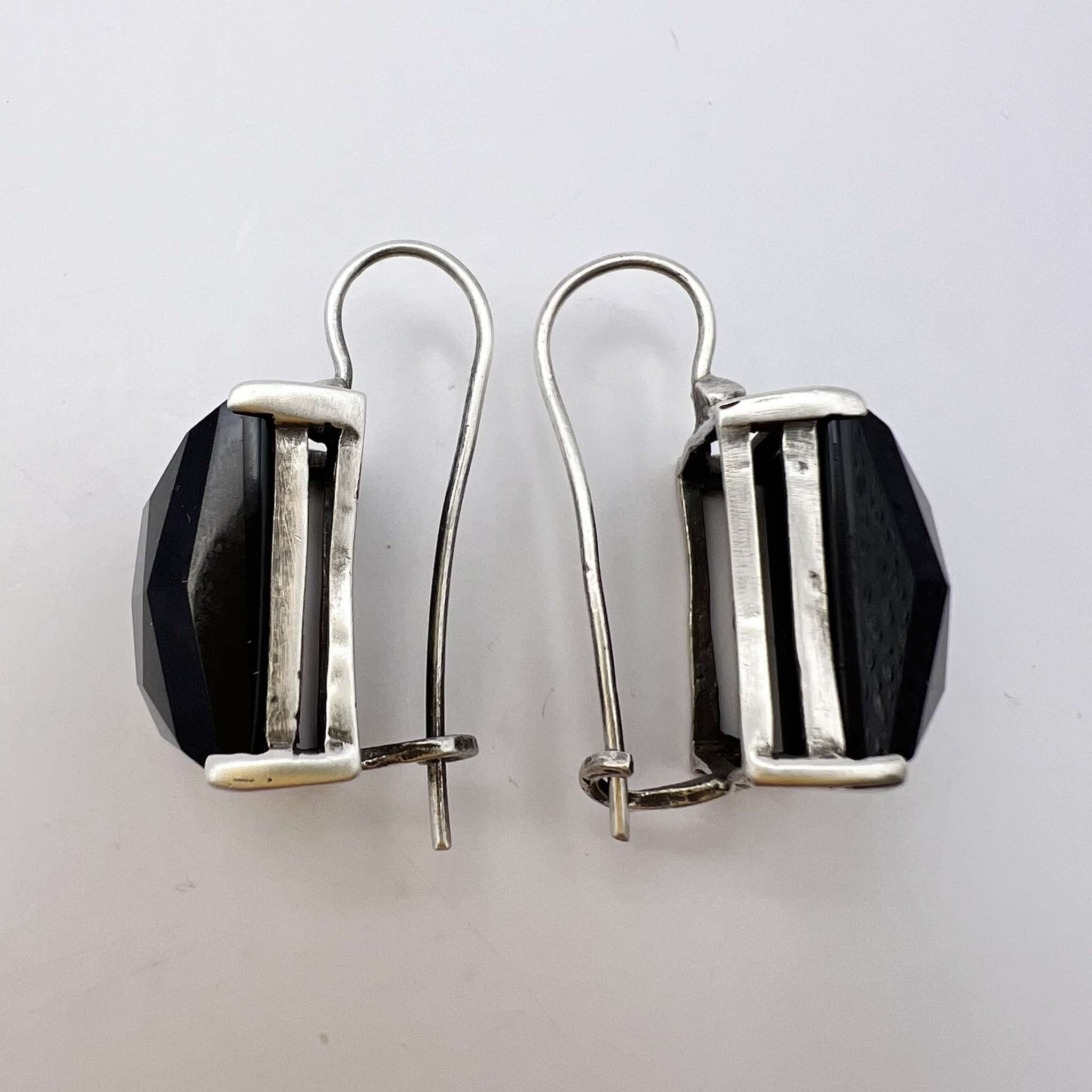 Vintage Sterling Silver 925 Vintage Stud Earrings Black Agate Stone Size ONE SIZE - 7 Thumbnail