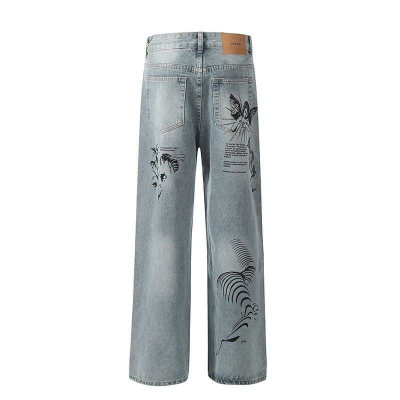 Jean American retro street graffiti print ripped jeans for men Size US 32 / EU 48 - 2 Thumbnail