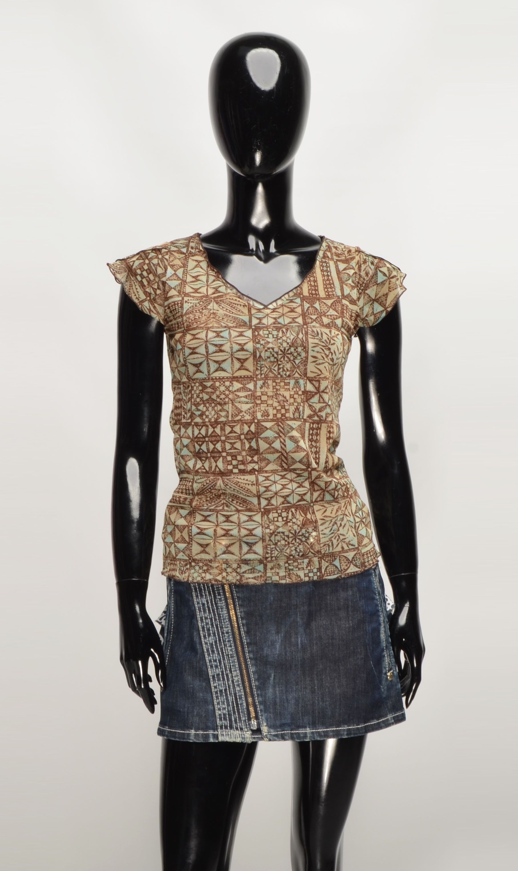 Designer Phildar Y2K 2000s Boho Fairy Mesh Brown V-Neck Top Blouse Size S / US 4 / IT 40 - 1 Thumbnail