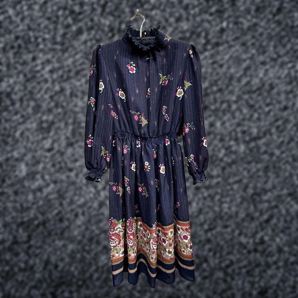 Vintage LF Petite Vintage Union Made Floral Print Mock Neck Ruffle Dress Size 6 Navy Dress Size 3XL / US 20-22 - 1 Thumbnail