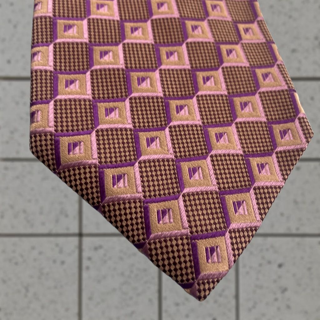 Vintage VINTAGE XMI Tie Geometric Designer Silk 100% Silk Purple Pink Gold Men Classic 57"-60" EUC Size ONE SIZE - 1 Thumbnail