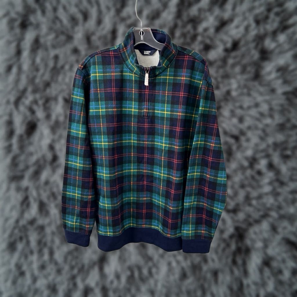 Lands' End Lands' End Mens Long Sleeve 1/4 Zip Pullover Sweatshirt Plaid Black Watch Tartan Multicolor Cotton Polyester Jersey L Size US L / EU 52-54 / 3 - 1 Thumbnail