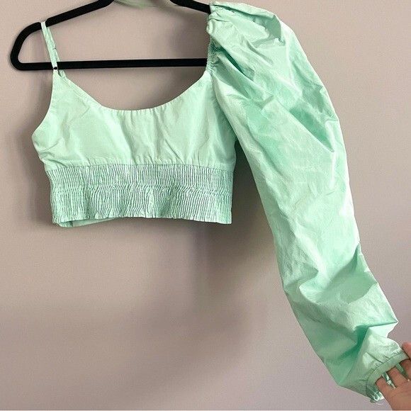 Zara Zara Mint Green Puff Sleeve One Shoulder Crop Top Size S / US 4 / IT 40 - 10 Thumbnail