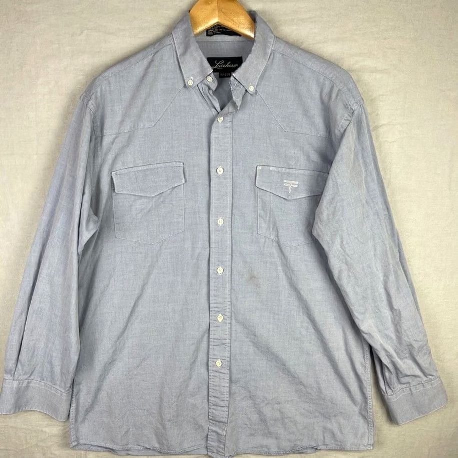 Vintage Lucchese Shirt Mens 34 Blue Chambray Western Button Down Long Sleeve Cowboy Shirt Men Casual Button-Up Size US S / EU 44-46 / 1 - 2 Thumbnail