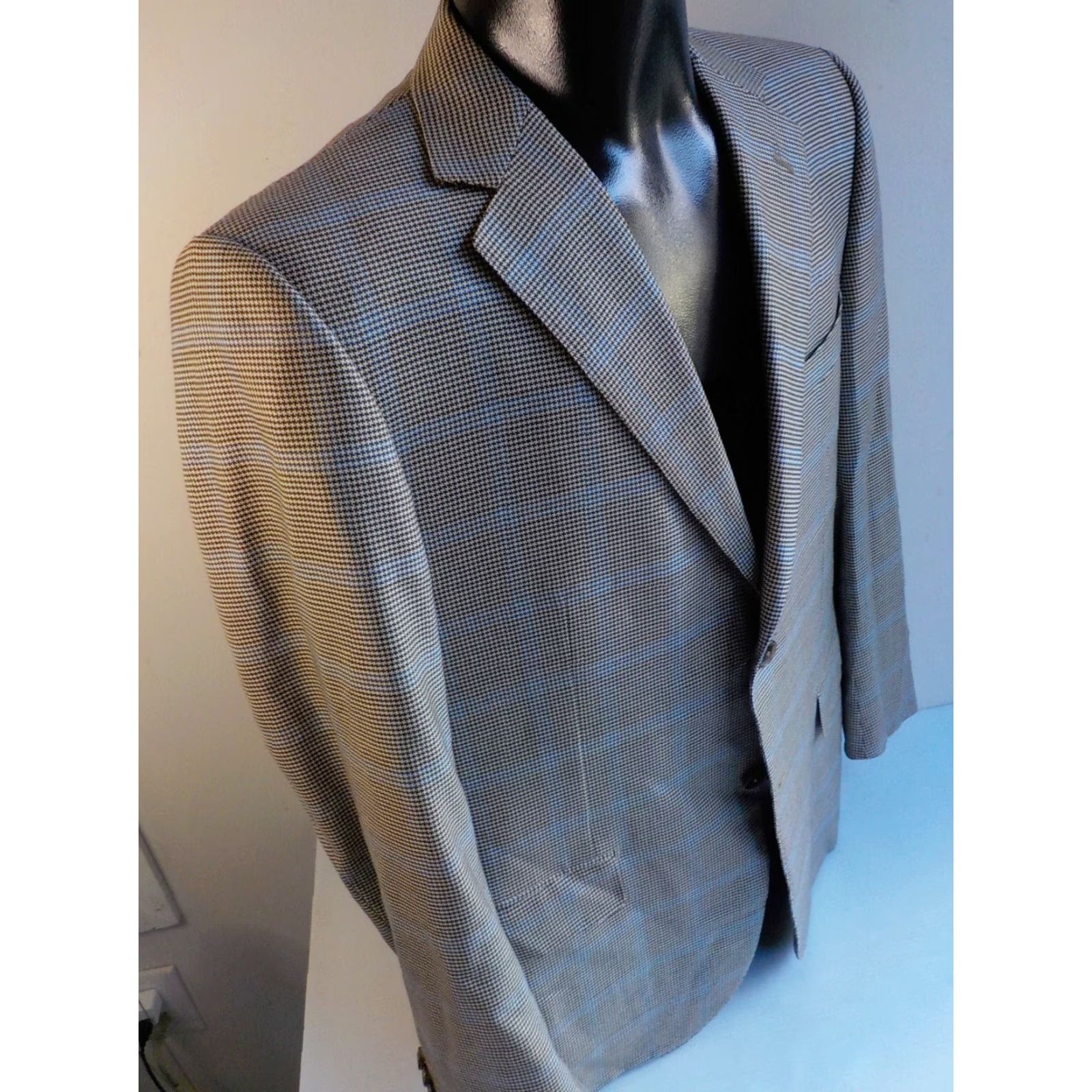 Ermenegildo Zegna ERMENEGILDO ZEGNA Blazer Wool Houndstooth Windowpane 2 Button Size 42 Brown Beige Blue Mens Jacket Size 42R - 3 Thumbnail